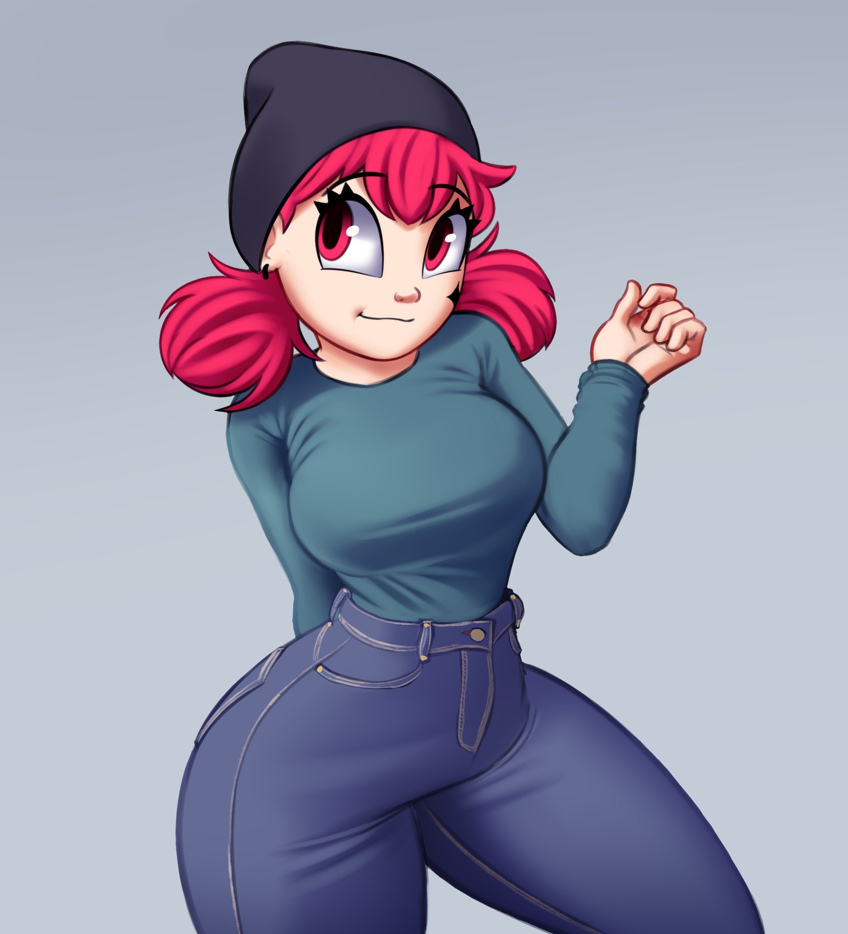 female, female focus, female only, jeans, original, red eyes, red hair, saymanart, simple background, smile, standing, vinyl (saymanart)