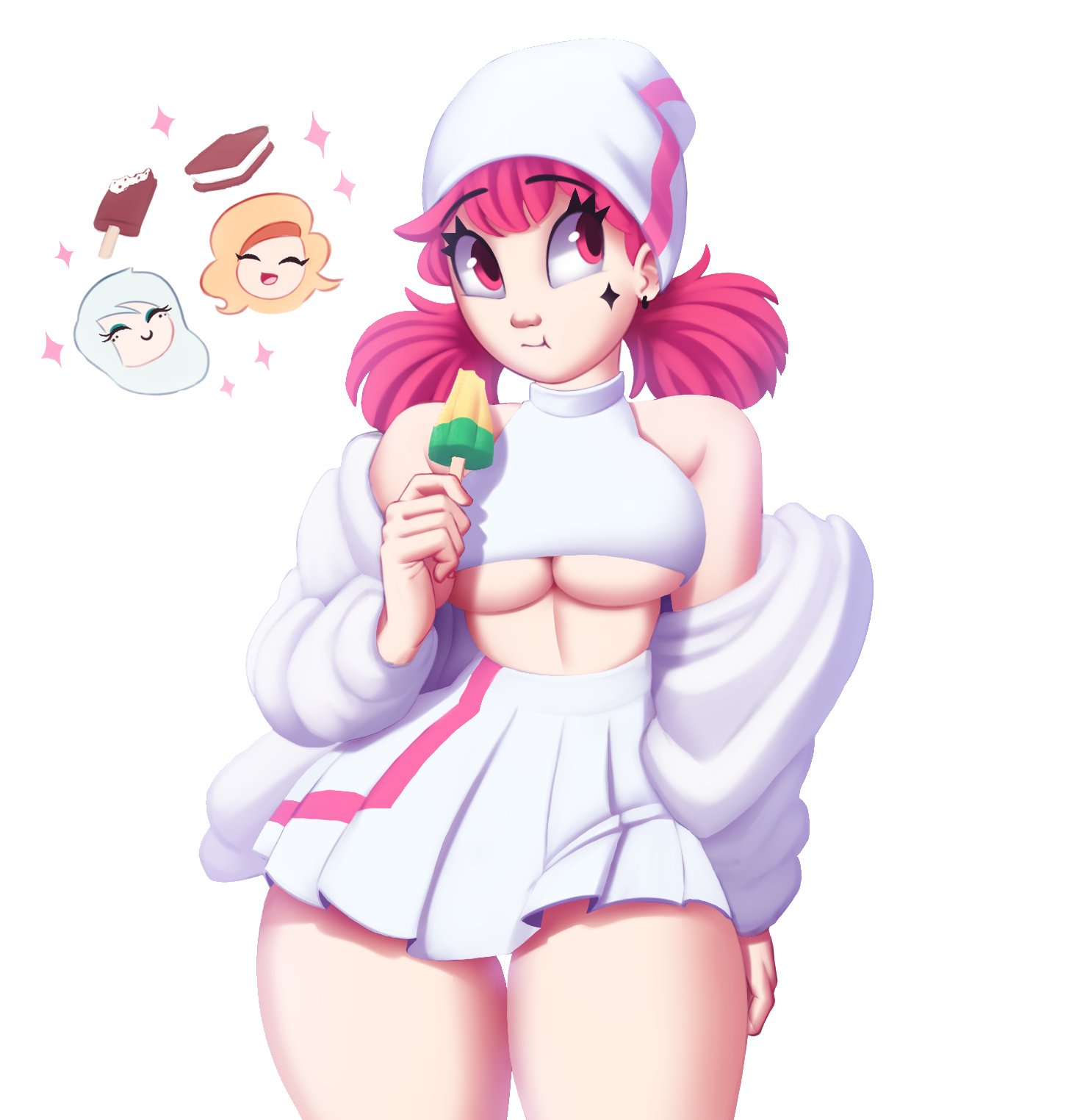 breasts, female, looking away, original, red eyes, red hair, saymanart, smile, vinyl (saymanart)