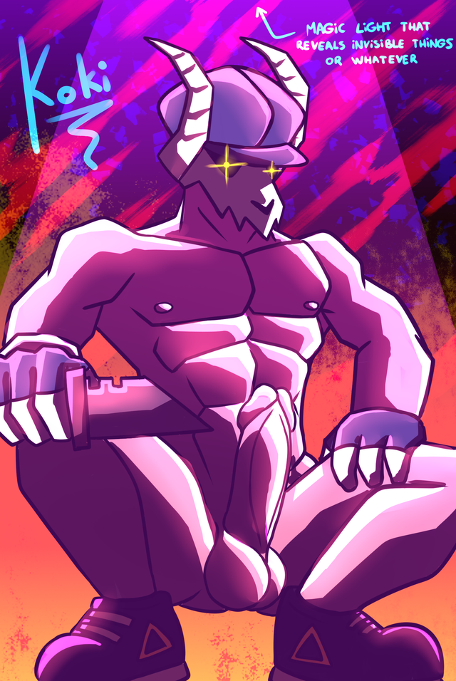 2021, abs, balls, barely clothed, big penis, boots, english text, erection, friday night funkin, full body, gay, gloves, glowing eyes, hat, horns, knife, koki 1, male, male only, muscular, muscular male, nipples, penis, purple light, shoes, skull, solo, solo focus, solo male, tabi (homskiy), white balls, white penis, yellow eyes