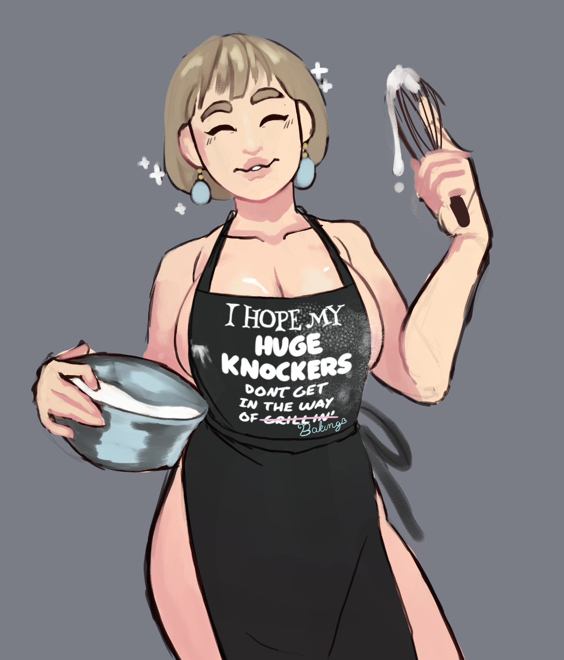 1girls, apron only, baking, brown hair, cleavage, english text, female, fire emblem, fire emblem: three houses, mercedes von martritz, milf, naked apron, nintendo, philiatrix, post-timeskip, short hair, smiling, text, text on clothing