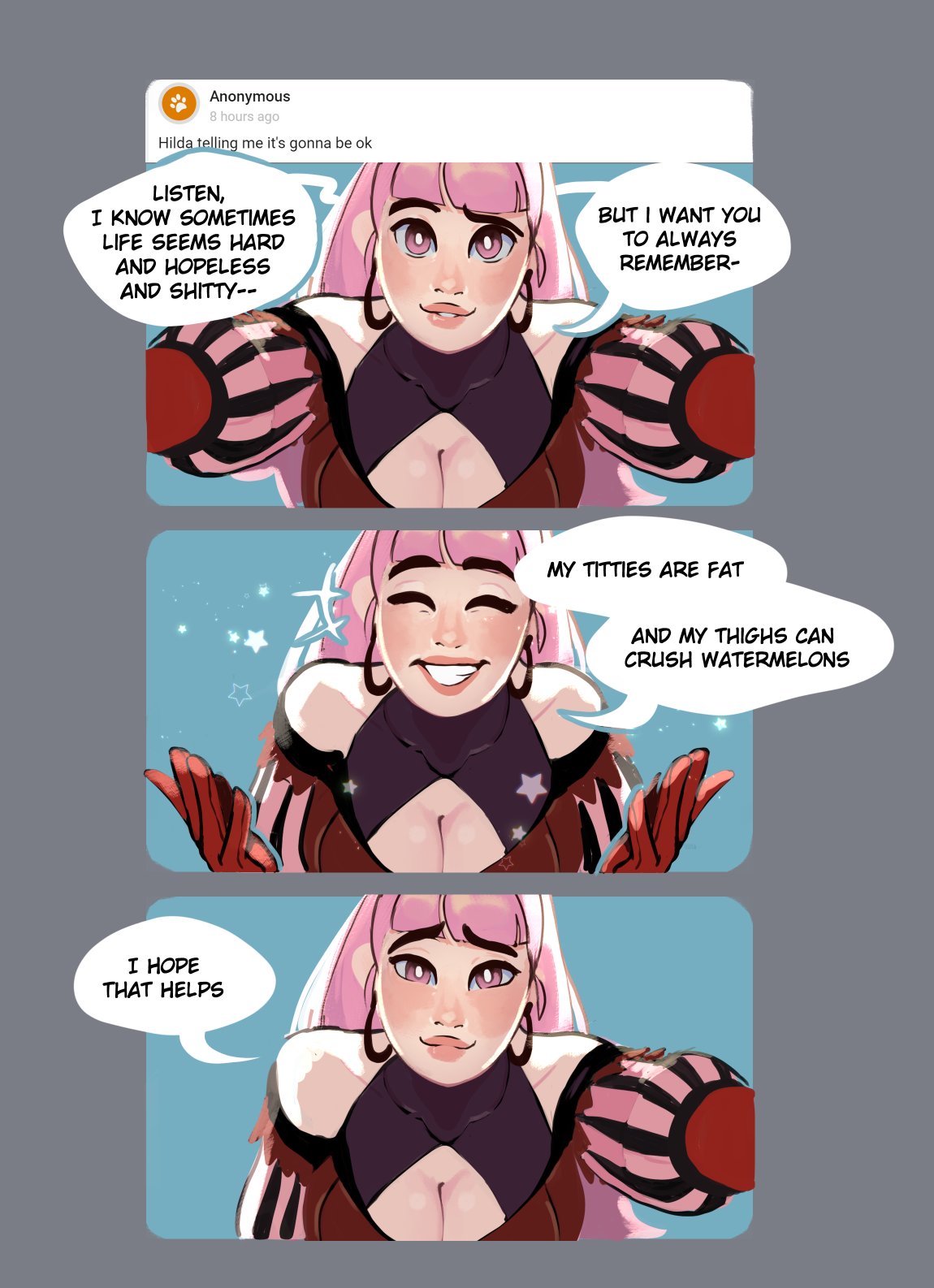 1girls almost_wholesome ask_blog big_breasts boob_window cleavage comforting comic english_text female female_focus female_only fire_emblem fire_emblem:_three_houses hilda_valentine_goneril looking_at_viewer nintendo philiatrix pink_hair pov smiling_at_viewer solo text text_bubble