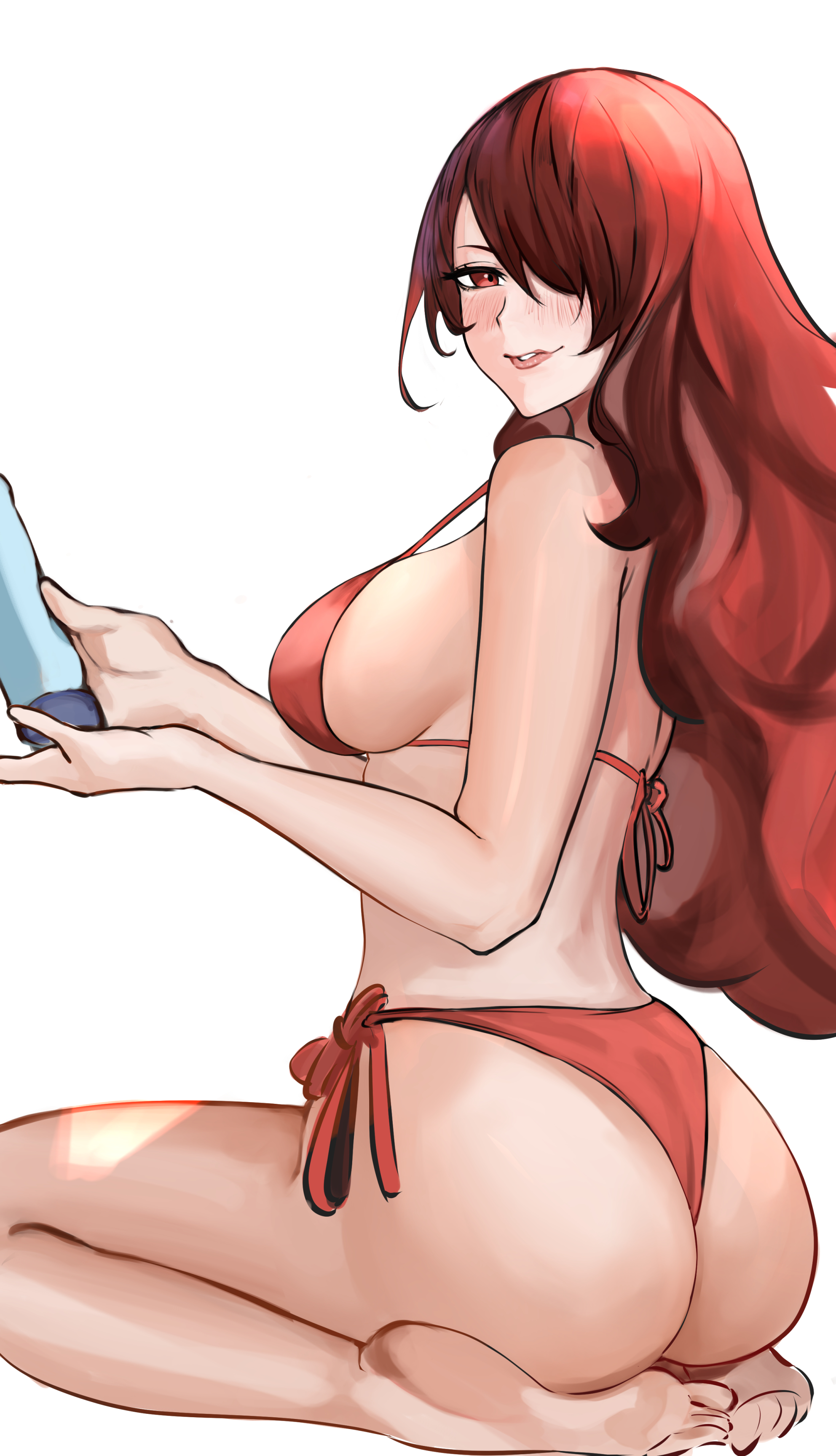 1girls, ass, big ass, big breasts, big butt, bikini, breasts, female, long hair, looking at viewer, mitsuru kirijo, nero watch, persona, persona 3, red eyes, red hair, simple background, sunscreen, swimsuit, white background