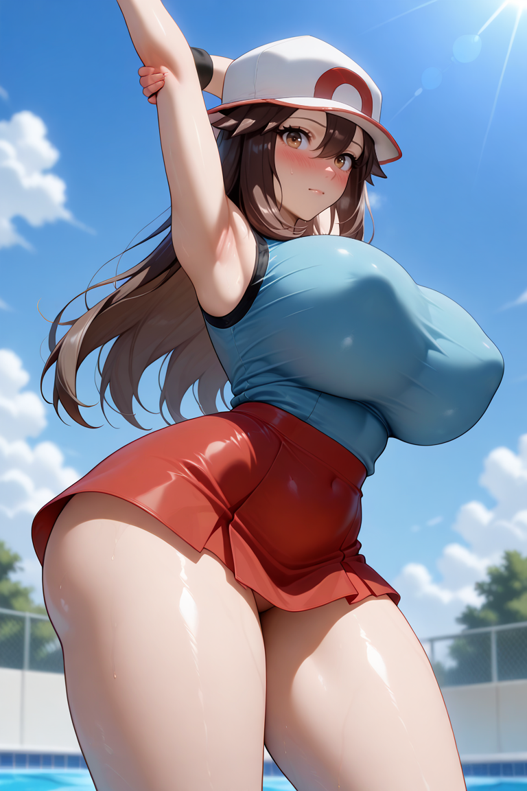 adult_female ai_generated big_breasts big_butt female hat leaf leaf_(pokemon) pokemon pose round_ass sexy skirt sleeveless_shirt stretching swimming_pool thick_thighs ul7990