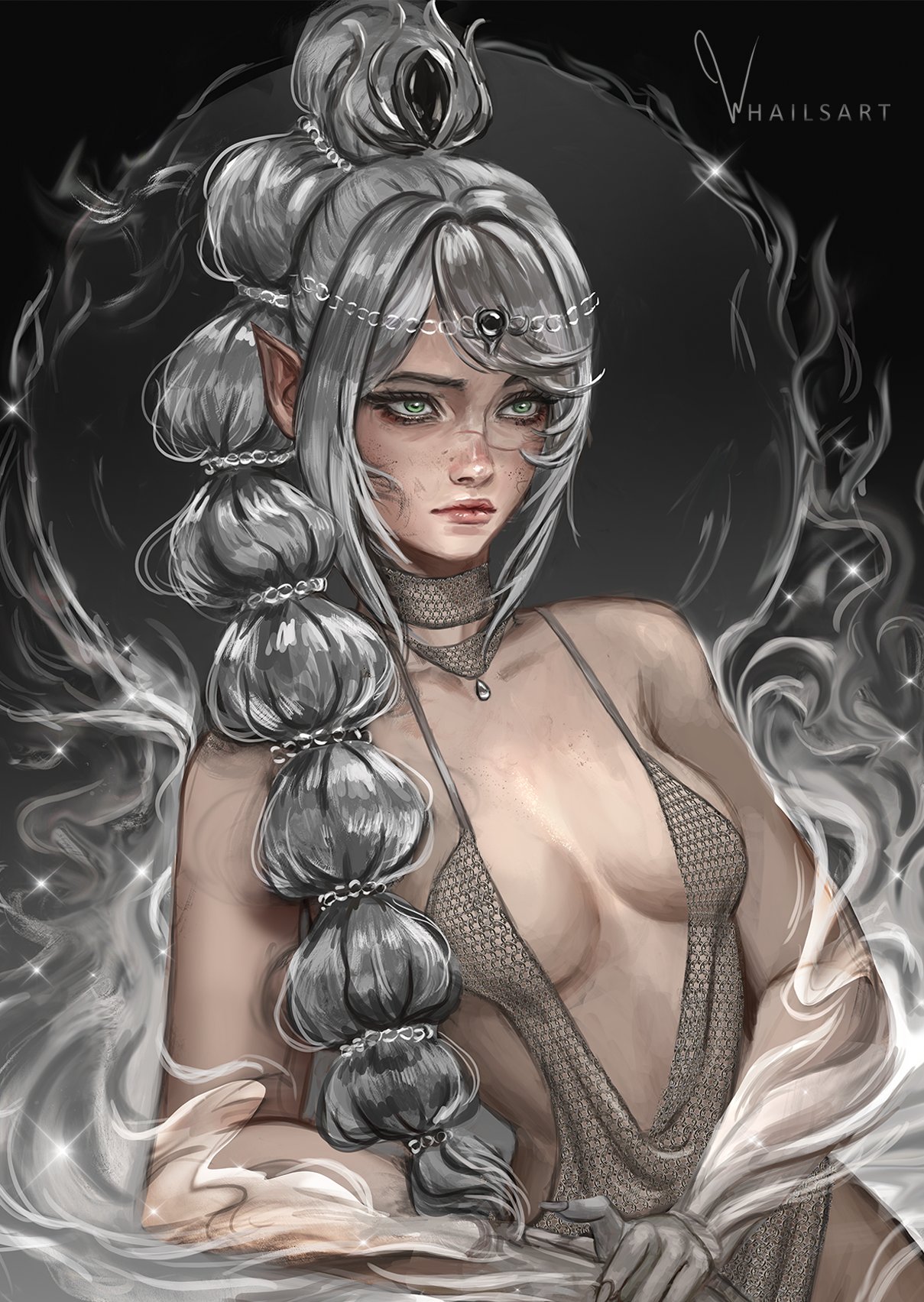 1girls, artist name, baldur's gate, baldur's gate 3, breasts, cleavage, dress, dungeons and dragons, female, female only, forgotten realms, half-elf, shadowheart, small breasts, solo, solo female, whailsart, white hair