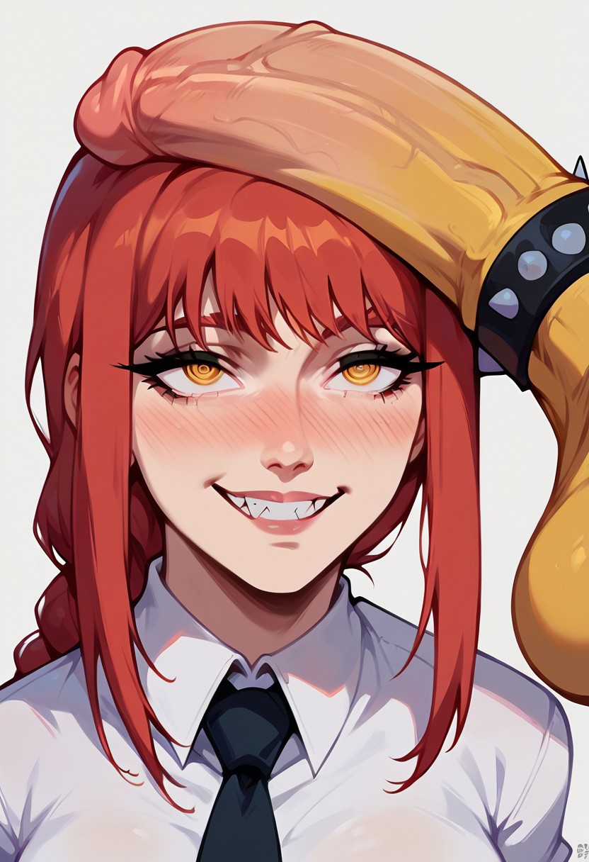 ai_generated blush bowser happy makima_(chainsaw_man) penis_on_head red_hair yellow_eyes