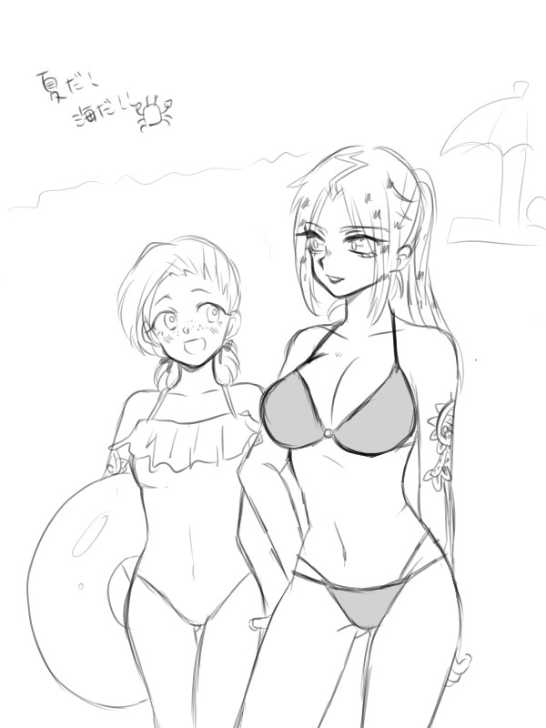 bathing_suit beach bikini black_and_white diavolo innertube jojo's_bizarre_adventure ponytail rule_63 sketch smile tattoo vento_aureo vinegar_doppio