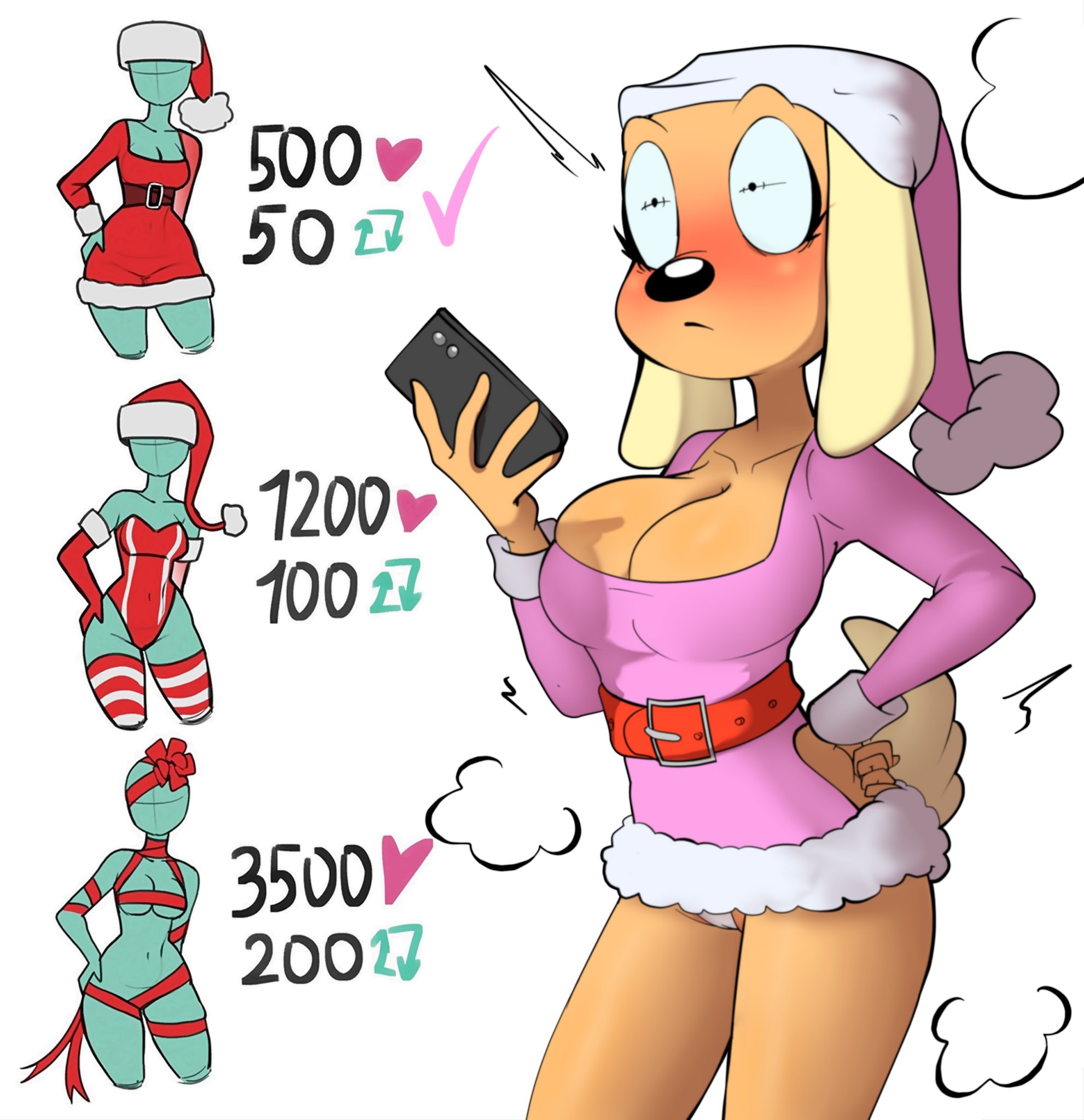 1girls, 2025, 2025s, 2d, 2d (artwork), 2d artwork, absurd res, absurdres, anthro, anthro female, anthrofied, belt, big breasts, blonde, blonde female, blonde hair, blonde-haired female, blue eyes, blush, bottomwear, brandy & mr whiskers, brandy and mr. whiskers, brandy harrington, breasts, camel toe, cameltoe, canid, canine, canis, christmas, christmas clothing, christmas headwear, christmas lingerie, christmas outfit, clothed, clothing, colored, digital drawing (artwork), digital media (artwork), disney, disney channel, domestic dog, elbow gloves, electronics, embarrassed, female, female anthro, female focus, female only, fur, furry, furry female, gift wrapped, gloves, hair, handwear, hat, head bow, headgear, headwear, hi res, holding object, holding phone, holidays, legwear, leotard, lingerie, mammal, meme, microskirt, miniskirt, panties, phone, pink clothing, pink outfit, poof effect, pussy, santa hat, simple background, skirt, strip game, surprised, surprised expression, tail, tan body, tan fur, thick thighs, thigh highs, thighhighs, thighs, tobitobi90, twitter strip game (meme), under boob, underboob, underwear, upskirt, white background, white clothing, white panties, white underwear