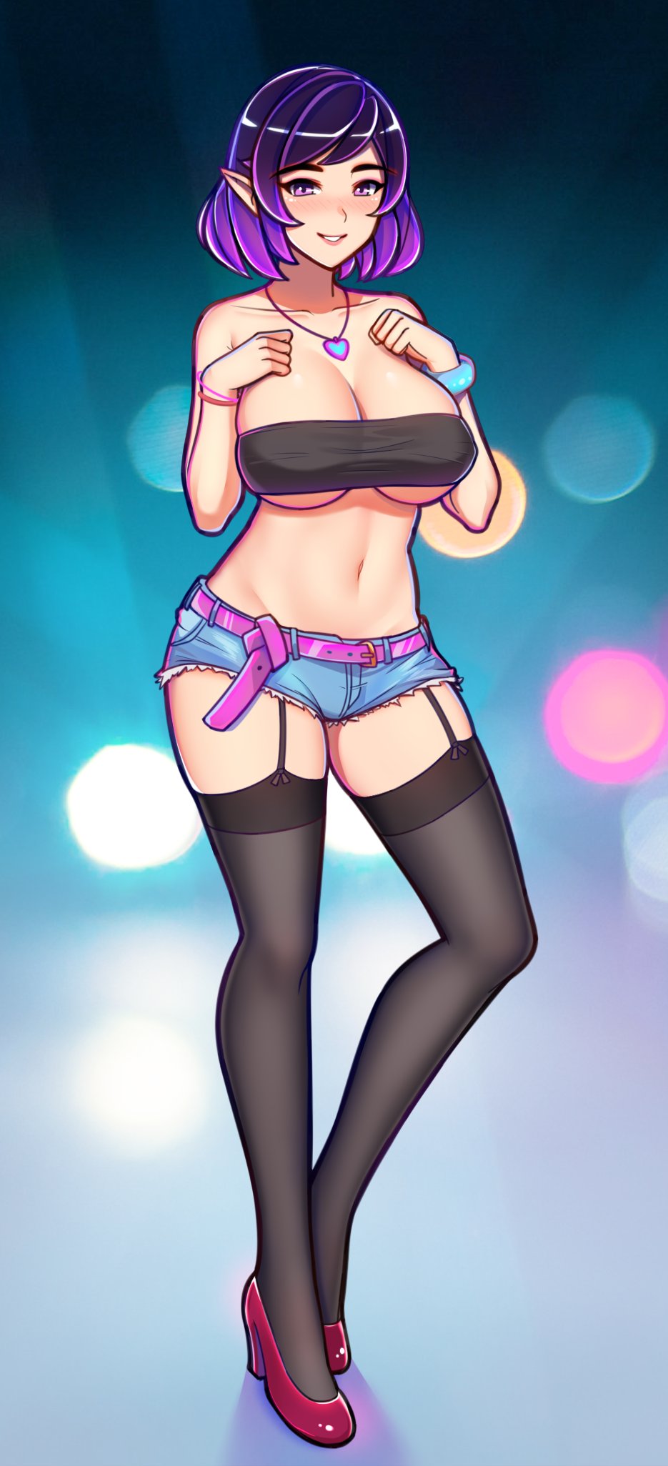 1girls, 2d, breasts, cleavage, cutoffs, denim shorts, female, female only, heels, high heels, ikkimay, large breasts, necklace, paladins, pointy ears, purple eyes, purple hair, red heels, red high heels, short shorts, shorts, skye (paladins), smile, solo, stockings, streetwear, tubetop, underboob