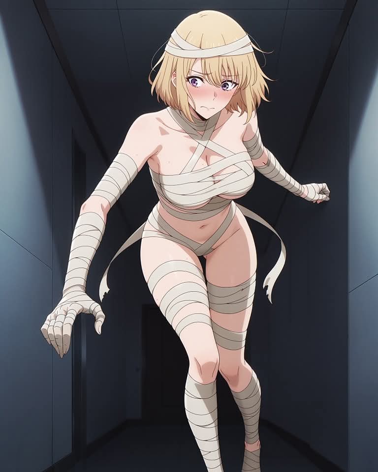 ai generated, cha hae in, embarrassed, embarrassed female, female, mummy costume, solo leveling