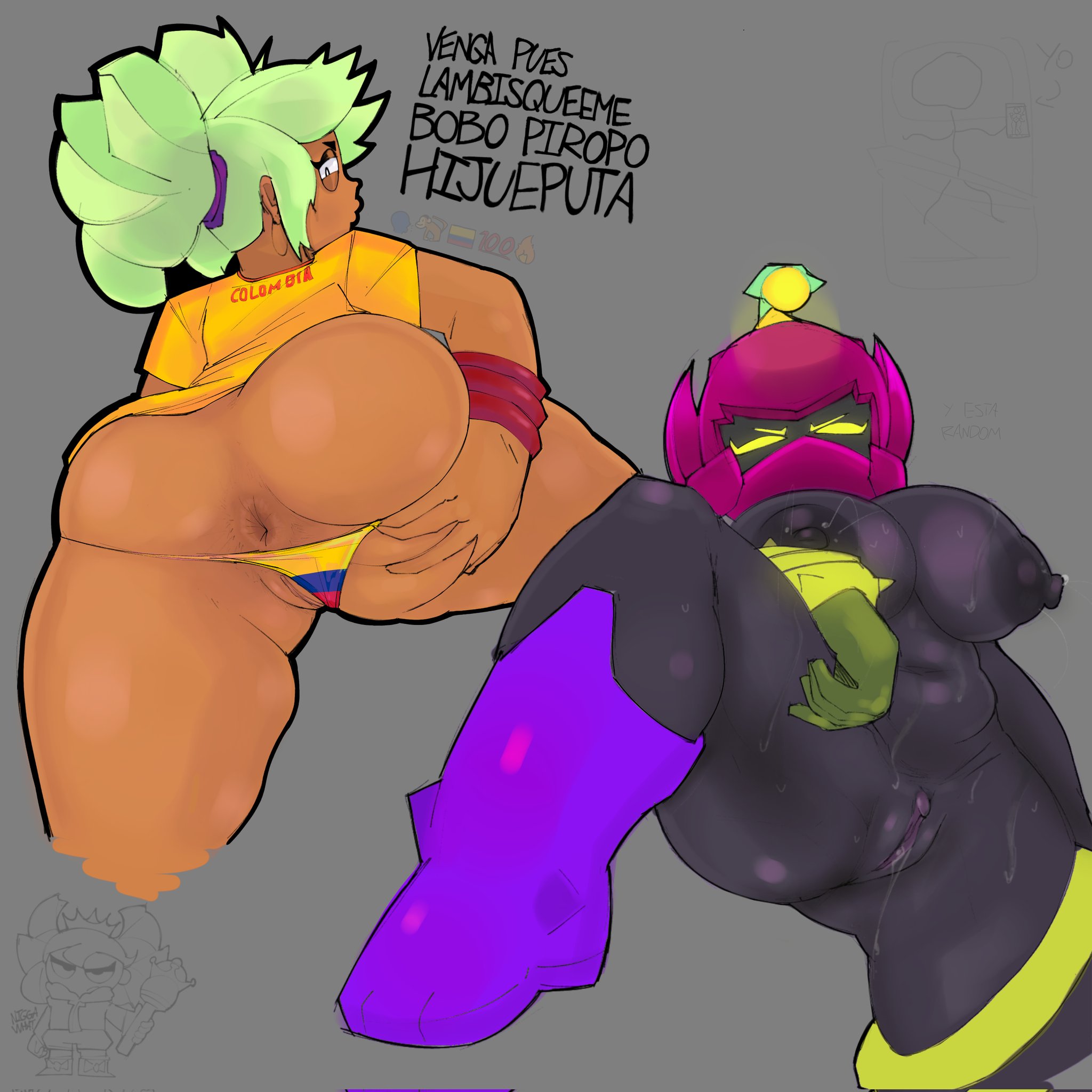 2girls, anus, ass, black body, black nipples, black pussy, brawl stars, breasts, female, glowing eyes, green hair, large breasts, lily (brawl stars), mandy (brawl stars), mandy colombiana (brawl stars), nipples, panties, panties aside, pussy, pussy juice, pussy peek, shirt, spanish text, sweat, tagme, tan body, tan skin, tdz07 draws