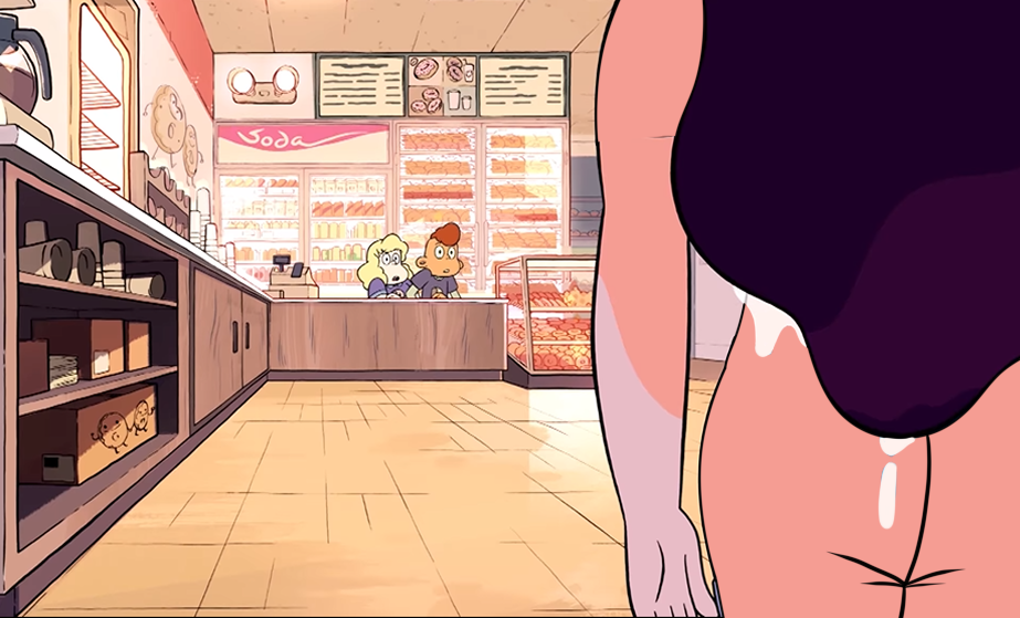 1futa 1girls accurate_art_style alone_together_(steven_universe) ass ass_focus big_donut_(steven_universe) cartoon_network casual dick dickgirl duo edit female futanari gem_(species) gem_fusion human implied_futanari intersex lars_barriga light_skin nude pale_skin penis public sadie_miller screenshot_edit small_breasts standing steven_universe stevonnie