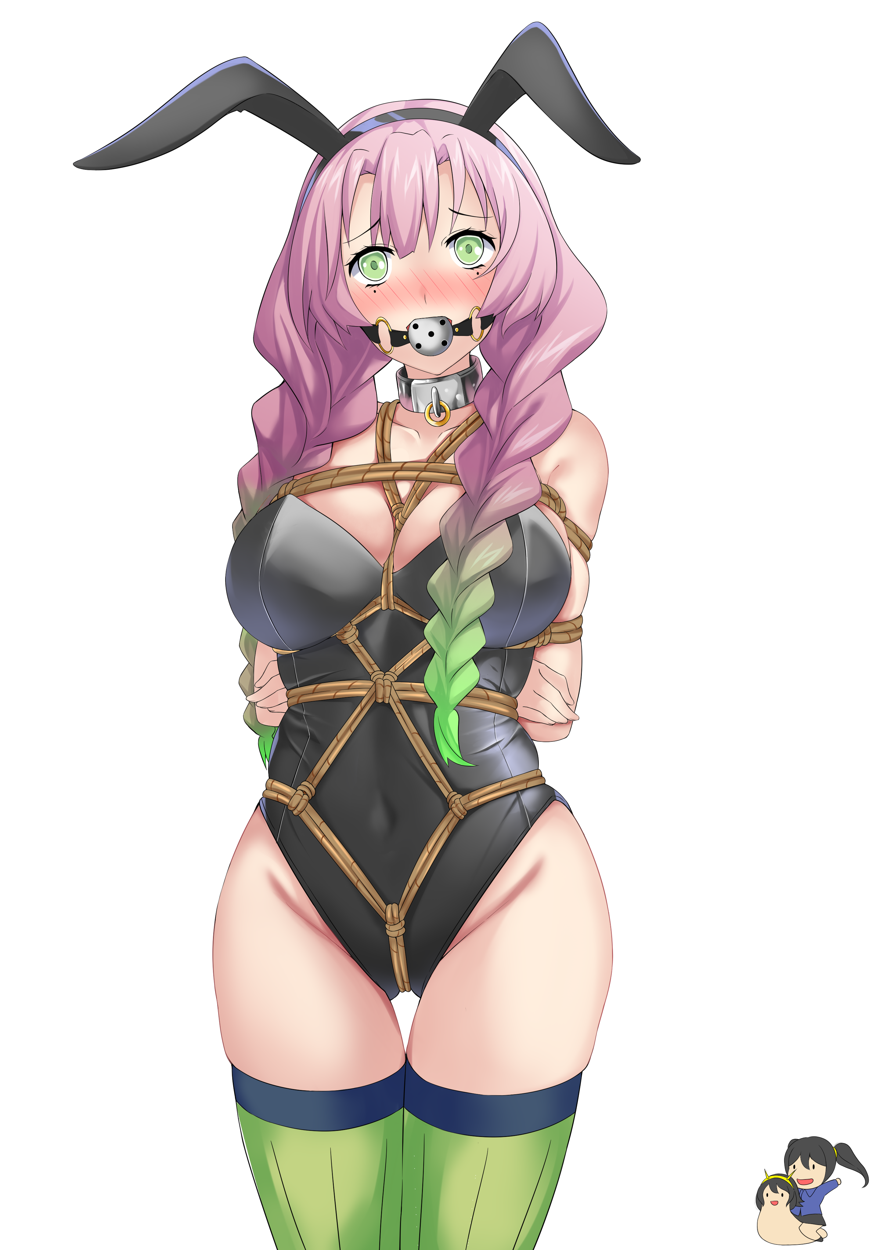 1girls, arms behind back, arms tied, ball gag, blush, bondage, braided hair, bunnysuit, collar, cowboy shot, demon slayer, eudetenis, female, female only, gag, green eyes, kanroji mitsuri, kimetsu no yaiba, pink hair, pink-haired female, rope bondage, rope harness, solo, thigh gap, thighhighs, two-tone hair