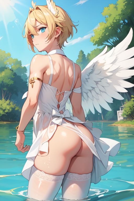 ai_generated angel angel_boy angel_wings blonde_hair blonde_male cute dress femboy femboysub innocent lake male sheer_clothing sheer_dress small smooth soft swimming twink water wet wet_body wet_clothes wet_clothing wet_skin white_dress