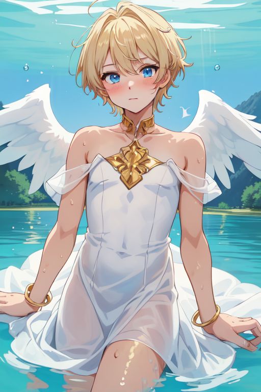 ai_generated angel angel_boy angel_wings blonde_hair blonde_male cute dress femboy femboysub lake male sheer_clothing sheer_dress small smooth soft swimming twink water wet wet_body wet_clothes wet_clothing wet_skin white_dress