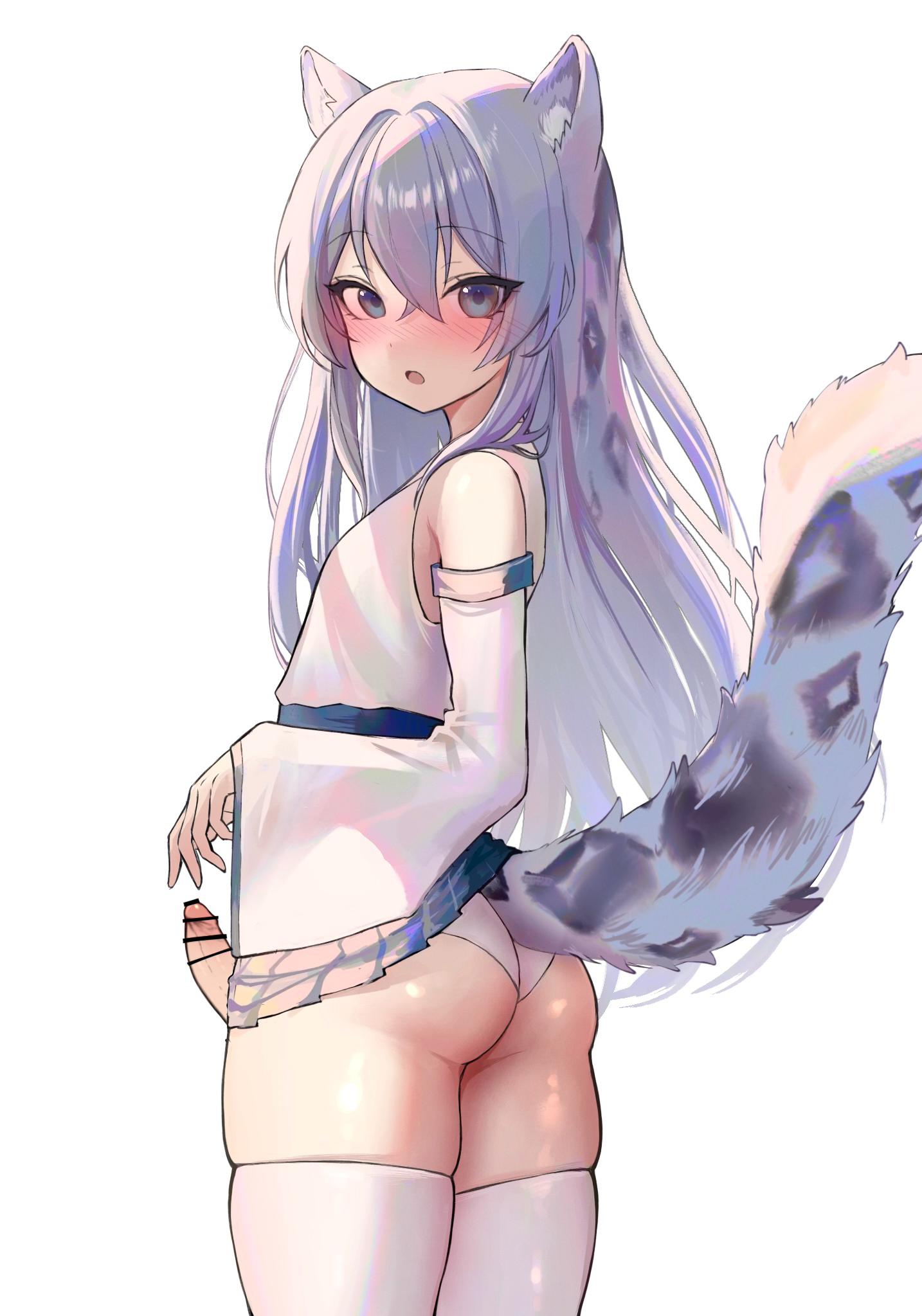 1boy, 2d, animal ears, azulasi, bar censor, bare shoulders, censored, censored penis, commission, dress, elbow sleeve, femboy, grey eyes, grey hair, highres, japanese clothes, long hair, looking at viewer, male, miko, original, otoko no ko, panties, penis, simple background, skindentation, tail, thighhighs, underwear, very long hair, white background, white panties, white thighhighs