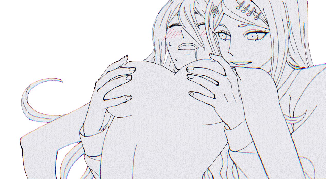 2girls, akamatsu kaede, blush, breast grab, breasts, clothed female nude female, danganronpa, danganronpa v3, drooling, female, female only, female/female, femdom, from behind, hair ornament, holding breast, iruma miu, monochrome, nude, nude female, smile, straight hair, touching nipples, white background, yumemi9603, yuri