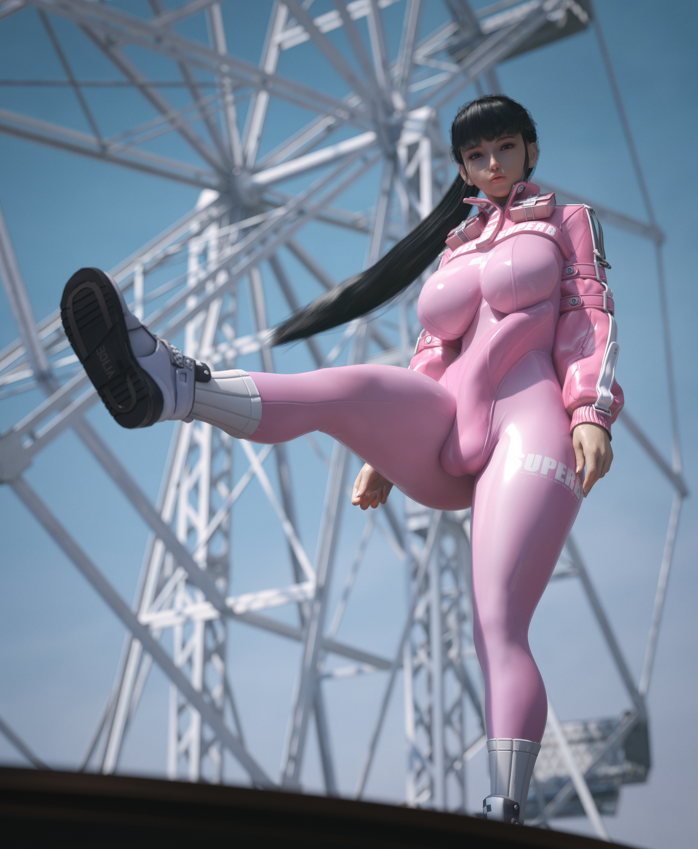 1futa, 3d, alice (nikke) (cosplay), balls, black hair, bodysuit, breasts, bulge, bulge through clothing, cameltail, casual ejaculation, clothed, detailed bulge, erection, erection under clothes, eve (stellar blade), exhibitionism, exhibitionist, futa only, futanari, goddess of victory: nikke, intersex, large breasts, light skin, light-skinned futa, looking at viewer, low-angle view, one leg up, outdoors, outside, penis, pink bodysuit, ponytail, solo, standing on one leg, stellar blade, stevencarson, testicles