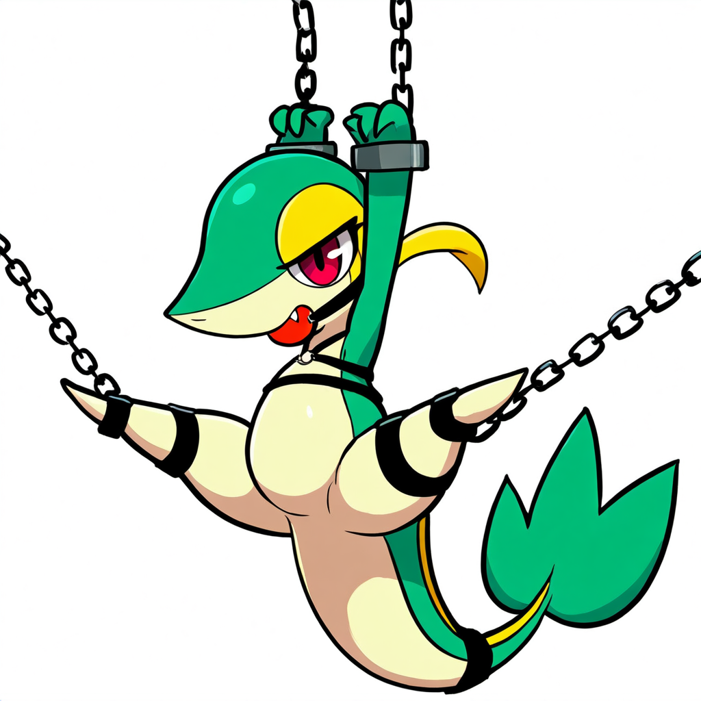 1:1 ai_generated ball_gag bondage bondage bound chained chains cuff_(restraint) female feral generation_5_pokemon harness hellsonger hi_res looking_at_viewer nintendo open_mouth pokemon pokemon_(species) red_eyes reptile restraints scalie shackles simple_background snivy solo suspension white_background