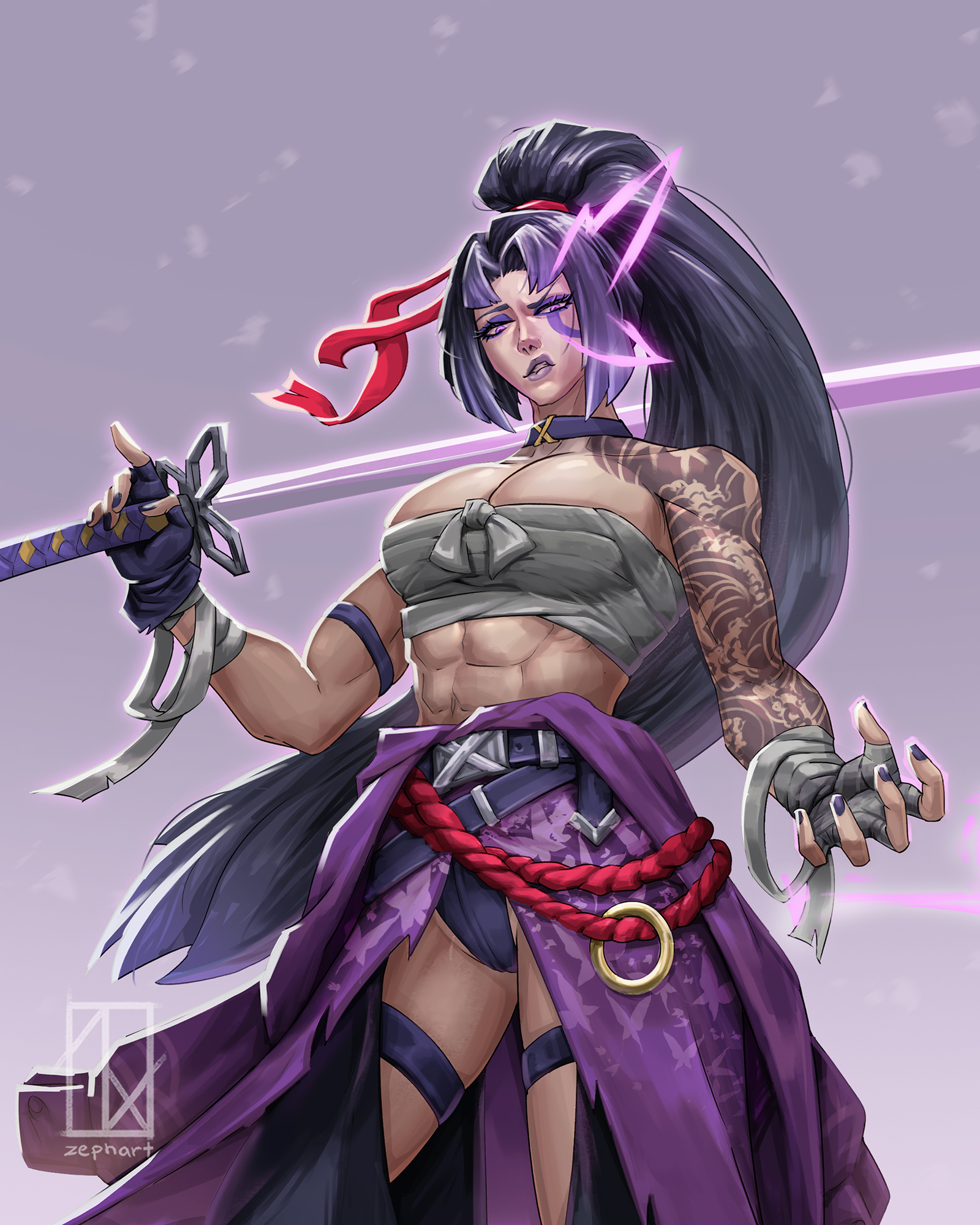 1girls, abs, biceps, female, looking at viewer, looking down, marvel, marvel rivals, muscular, muscular female, psylocke, psylocke (marvel rivals), solo female, solo focus, sword, zephart