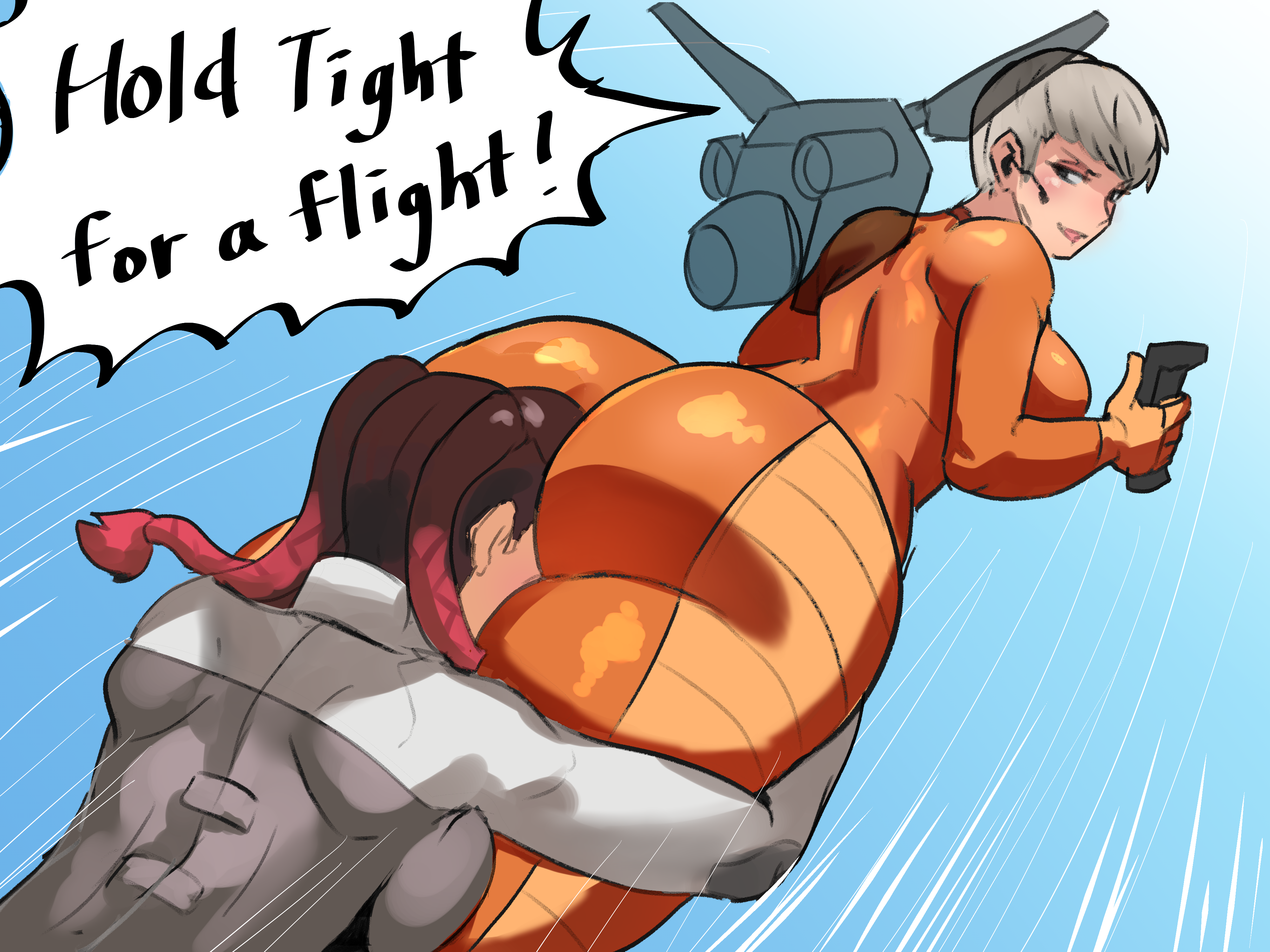 2d, 2girls, apex legends, ass, ass on face, big ass, big breasts, bodysuit, breasts, canon couple, face on ass, female, large ass, loba (apex legends), long hair, looking back, short hair, skin tight, speech bubble, text, thick ass, thick thighs, tight clothing, two-tone hair, valkyrie (apex legends), wide hips, ytrall, yuri