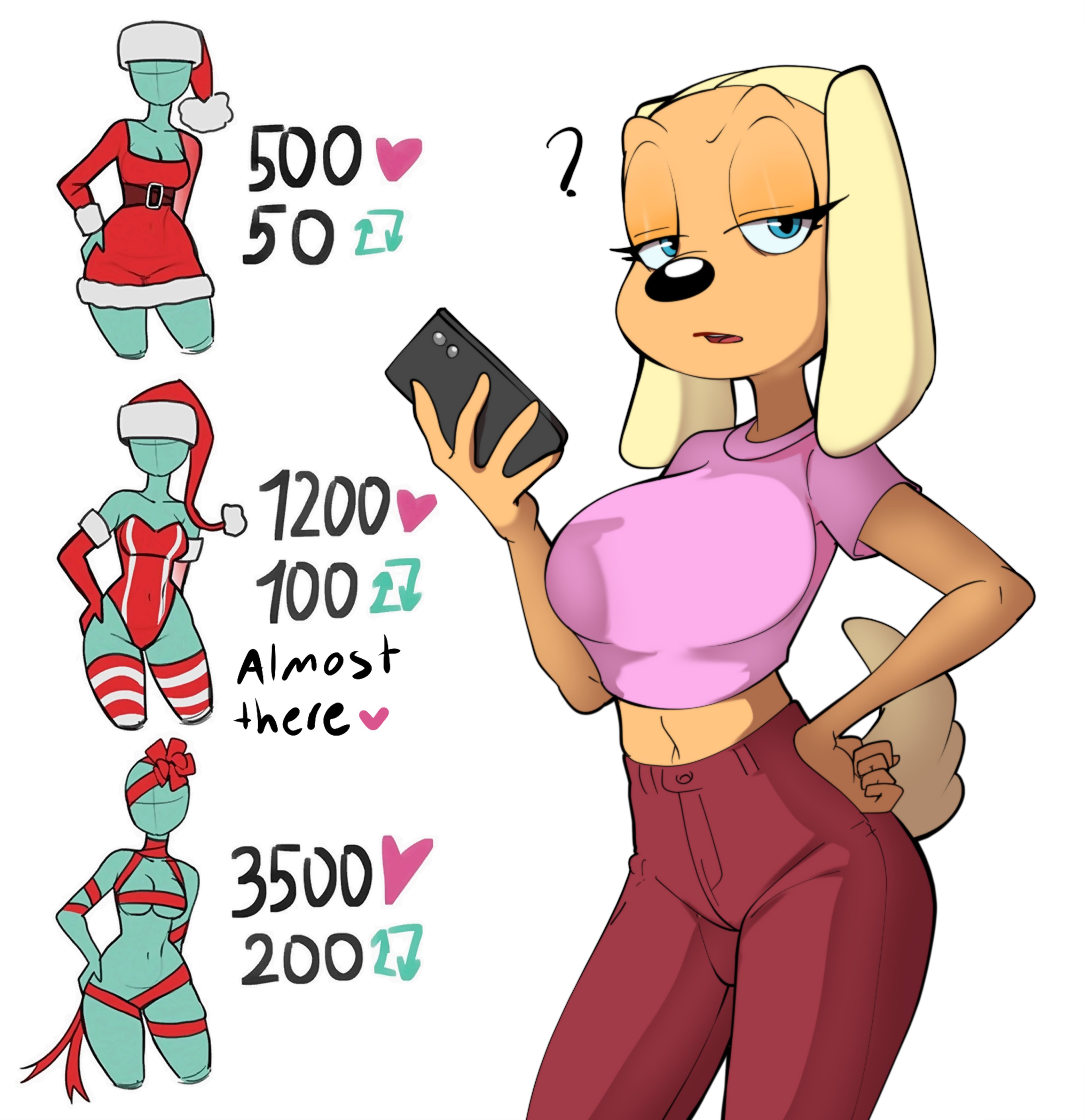 ?, 1girls, 2d, 2d (artwork), 2d artwork, anthro, anthro female, anthrofied, armwear, belt, big breasts, blonde, blonde female, blonde hair, blonde-haired female, blue eyes, bodily fluids, brandy & mr whiskers, brandy and mr. whiskers, brandy harrington, breast squish, breasts, canid, canine, canis, christmas, christmas clothing, christmas headwear, christmas lingerie, cleavage, clothed, clothing, curvy figure, disney, disney channel, dog, dog ears, dog girl, dog tail, domestic dog, elbow gloves, electronics, embarrassed, eyelashes, female, female anthro, female only, fluffy, fluffy tail, footwear, fur, furry, furry female, furry only, gift wrapped, gloves, hair, half-closed eyes, handwear, hat, head bow, headgear, headwear, high heels, holding object, holding phone, holidays, legwear, lingerie, looking at viewer, mammal, meme, nervous smile, open mouth, pants, phone, shoes, side boob, simple background, small waist, solo, solo female, solo focus, squish, strip game, tail, tan body, tan fur, text, thick thighs, thighs, tobitobi90, twitter strip game (meme), white background, wide hips