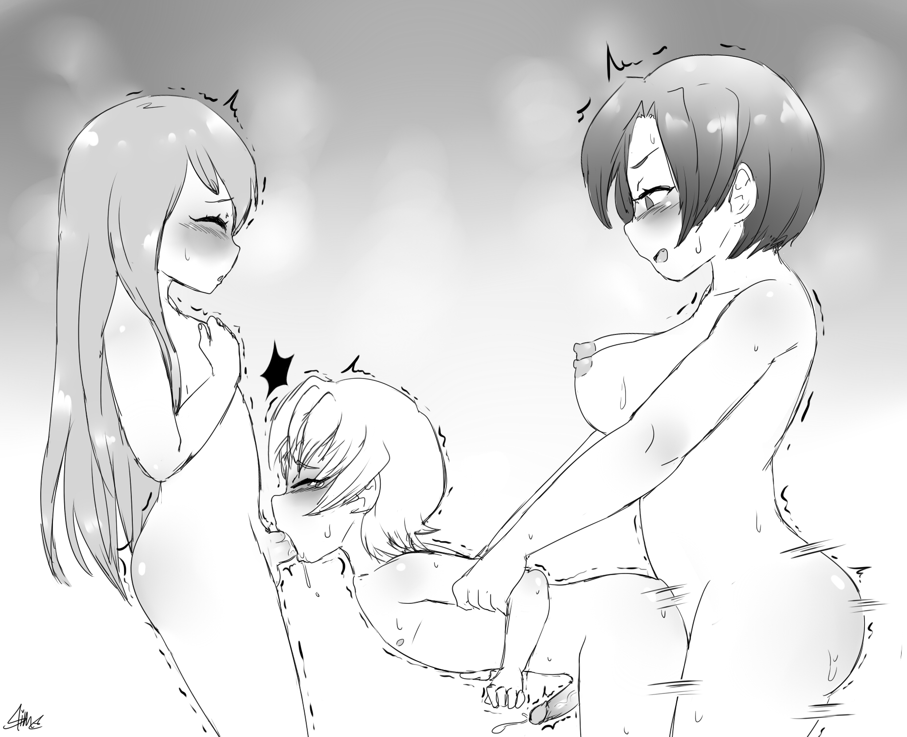 1boy, 2futas, anal, anal sex, blowjob, breasts, cum, cum while penetrated, cumshot, dickgirl, dickgirl/male, double penetration, ejaculation, fellatio, female, femboy, from behind, futa is bigger, futa on male, futa with male, futadom, futanari, greyscale, holding arms, human, intersex, larger futa, male, male penetrated, male sucking futa, malesub, masumi washizaki, mature female, milf, monochrome, multiple females, multiple girls, naked, nipples, nude, older female, ono toshihiro, oral, our next door neighbor's sperm, penis, sayaka washizaki, sex, sex from behind, siblings, sisters, size difference, smaller male, spitroast, threesome, yuu ikufube