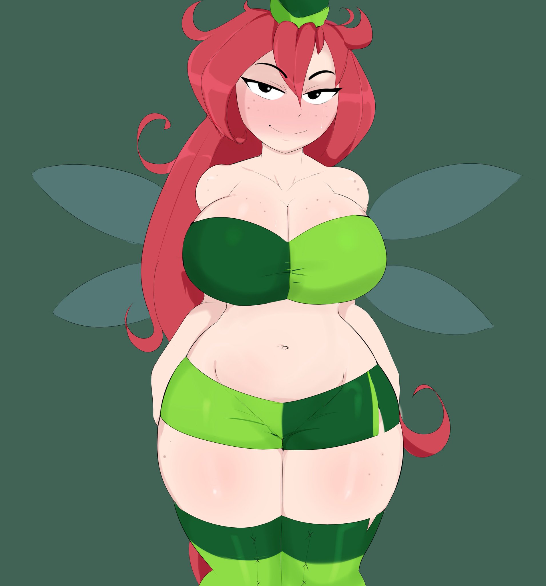 1girls, belly, belly button, betilla (rayman), black eyes, blush, bra, breasts, clothed, clothing, fairy, fairy wings, female, female focus, female only, g3mma, green stockings, hat, hi res, large breasts, nymph (rayman), rayman (series), rayman origins, red hair, seductive, seductive eyes, seductive look, seductive smile, shorts, smile, solo, stockings, thick thighs, wings