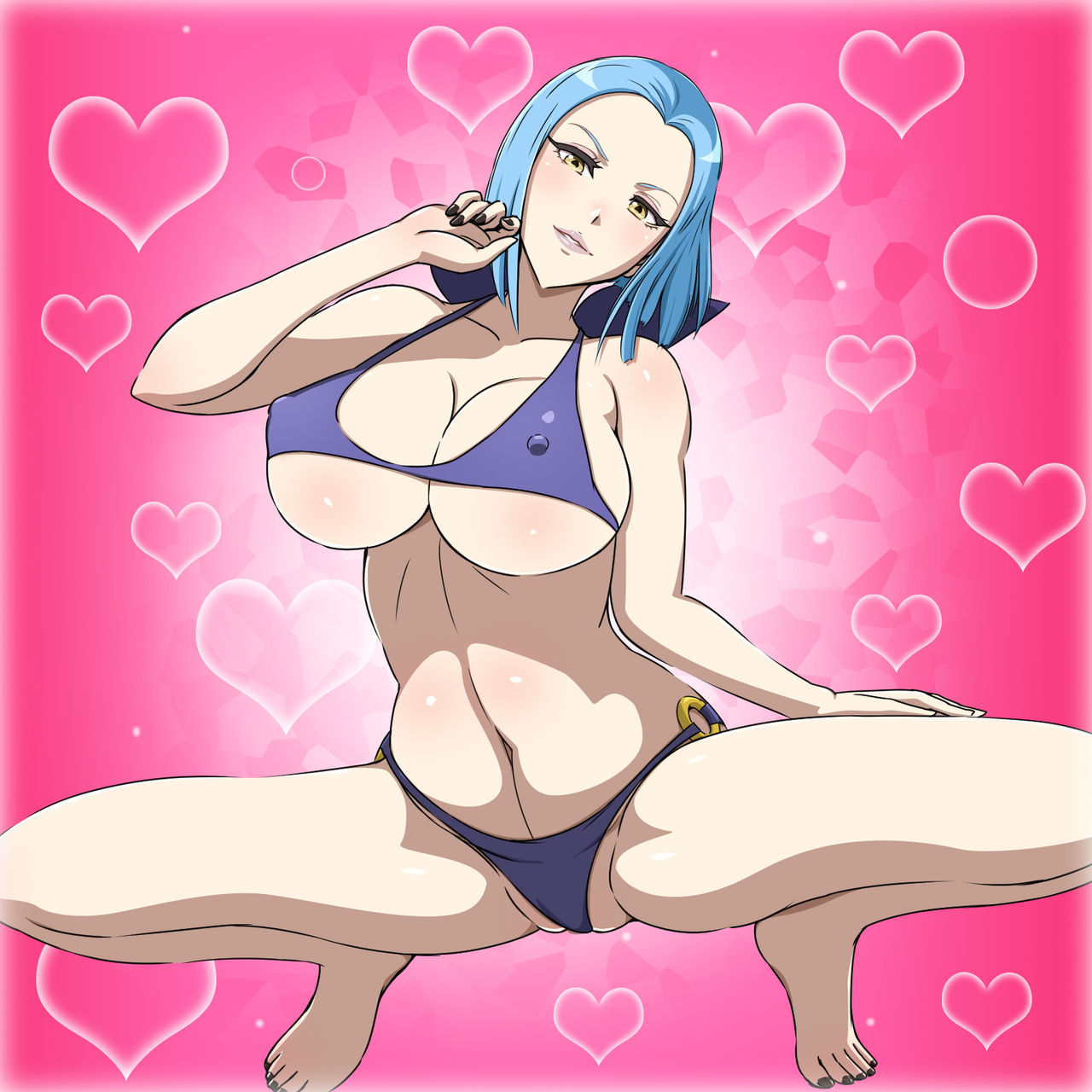 arete_(fire_emblem) bare_arms bare_legs bare_shoulders barefoot bikini black_nails blue_bikini blue_hair blush breasts cleavage covered_erect_nipples feet female fire_emblem fire_emblem_fates heart highres huge_breasts legs looking_at_viewer micro_bikini milf nail_polish navel nintendo parted_lips partially_visible_vulva short_hair simple_background smile solo squatting swimsuit thighs toes underboob yellow_eyes yuki_(12cut)