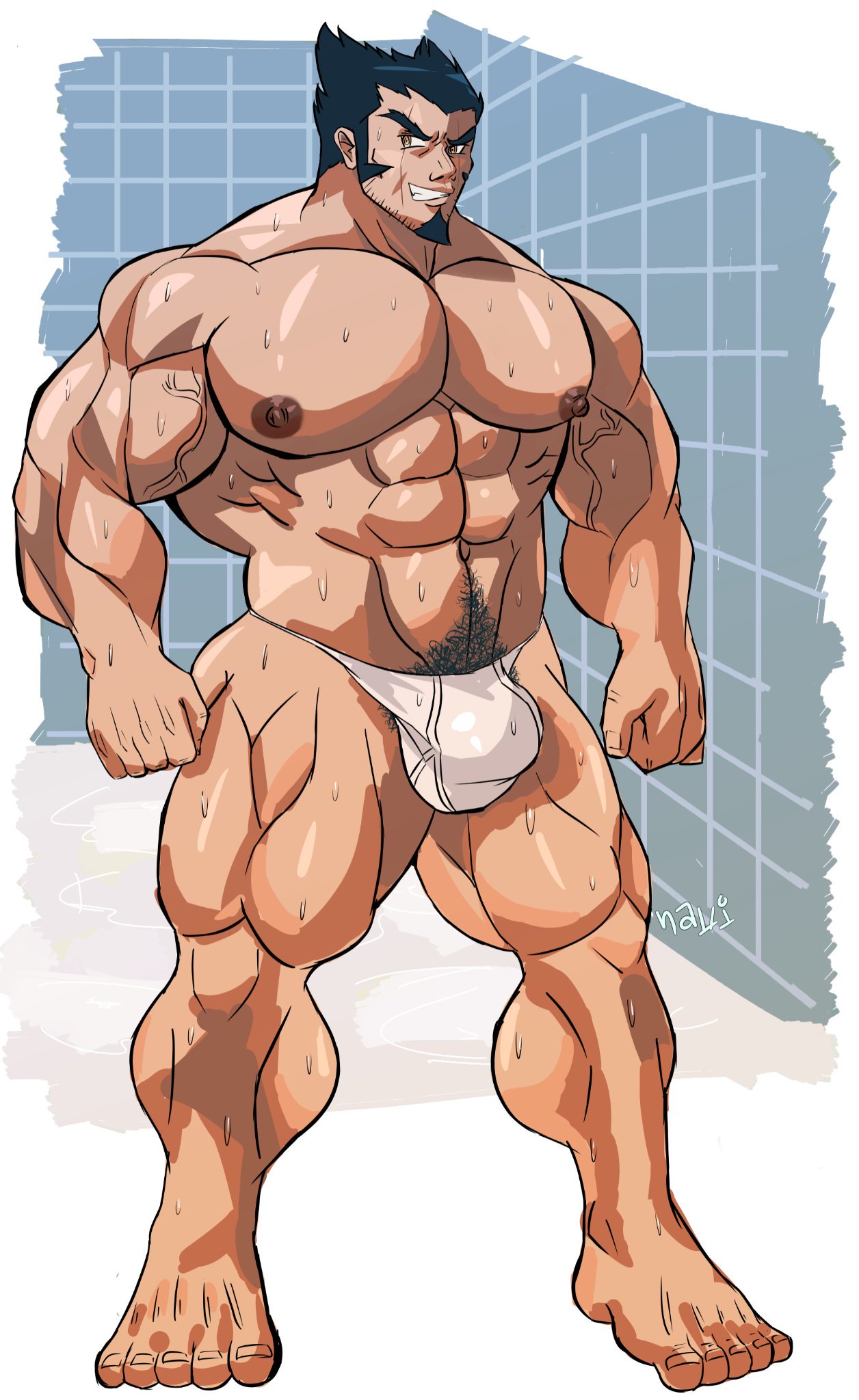 balls bara bulge danganronpa facial_hair flaccid male male_only muscles muscular ne0_navi nidai_nekomaru penis solo solo_male sweat sweating