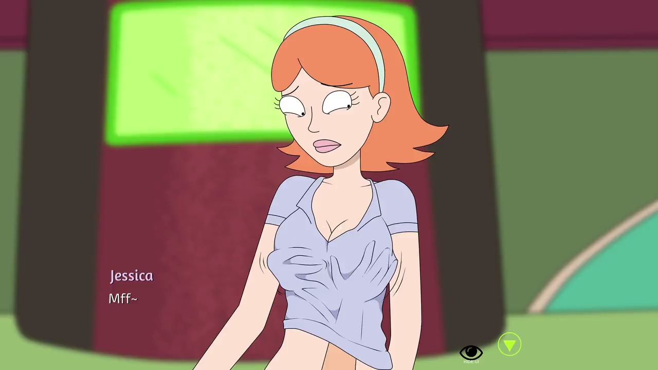 1boy, 1girls, adult swim, big breasts, breast grab, breasts, female, ferdafs, fully clothed, groping breasts, groping through clothes, hairband, jessica (rick and morty), lipstick, looking away, looking down, male, offscreen character, orange hair, rick and morty, rick and morty: a way back home, unseen male face