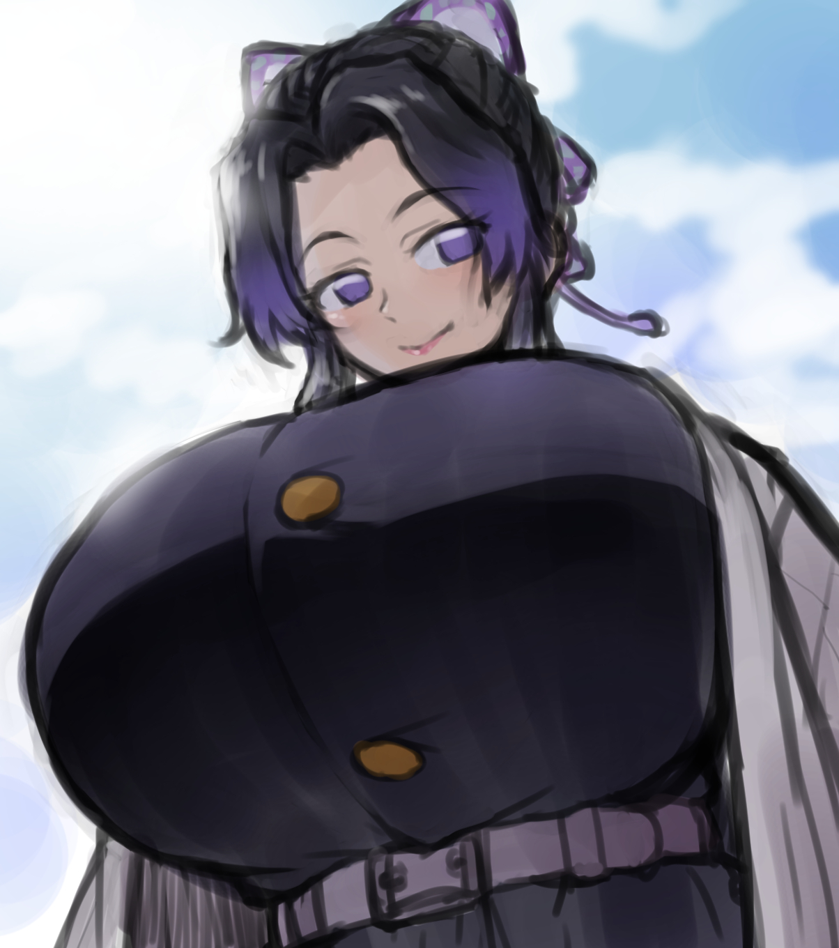 ahemaru, big breasts, black hair, breasts, butterfly hair ornament, clothing, demon slayer, female, female only, fully clothed, huge breasts, kimetsu no yaiba, kochou shinobu, looking away, low-angle view, purple eyes, smile, solo, underboob, upper body