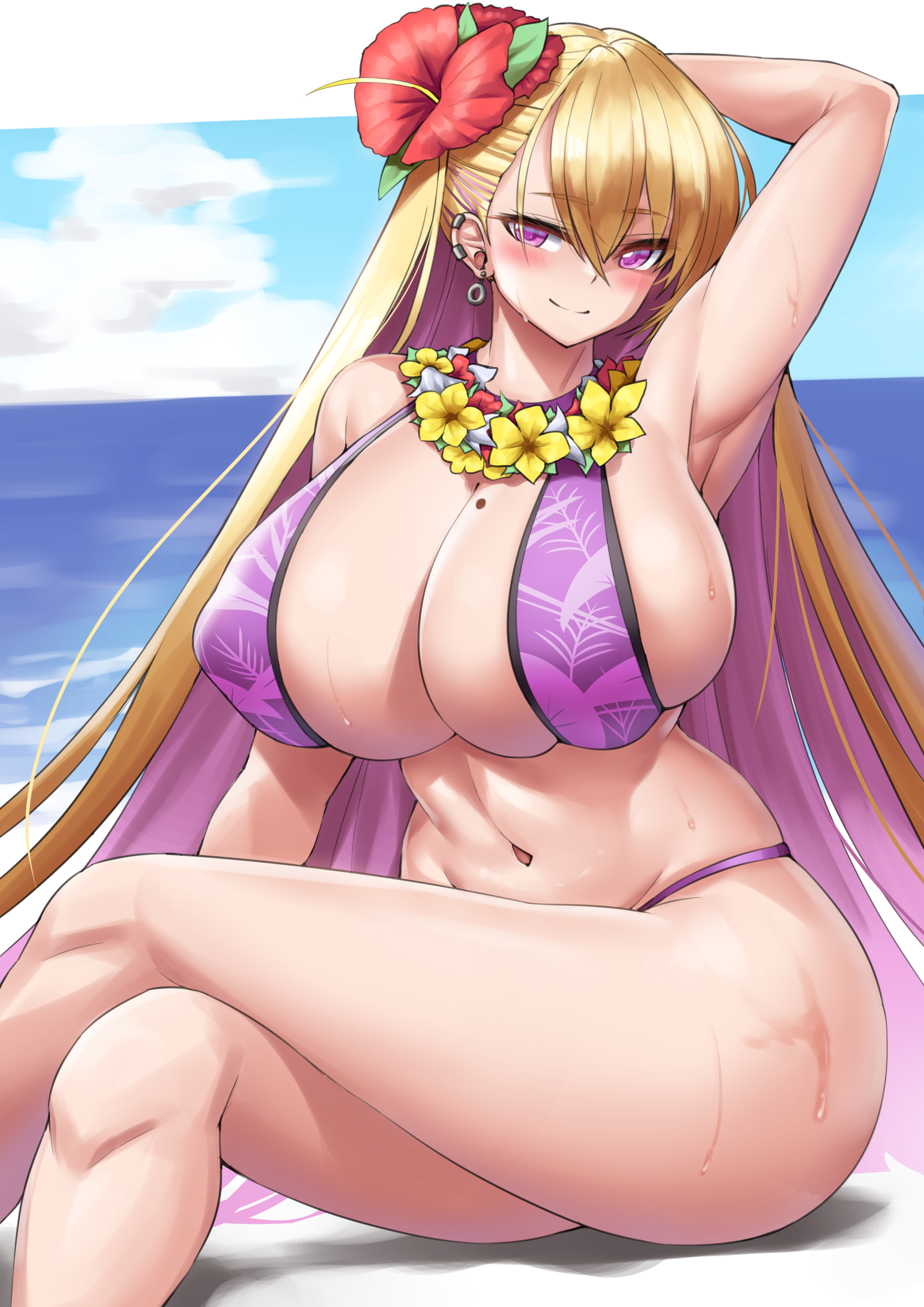 1girls, 2021, alternate costume, arm up, armpits, bare legs, beauty mark, belly button, bikini, blonde hair, blue sky, boryeon (last origin), breasts, cho!cho!, cleavage, ear piercing, female, female focus, female only, flower hair ornament, flower in hair, gyaru, hairclip, hand behind head, head tilt, hi res, hips, hourglass figure, huge breasts, last origin, legs crossed, light skin, light-skinned female, long hair, mole on breast, naughty face, official alternate costume, outdoors, purple bikini, purple eyes, purple hair, sexy armpits, skindentation, slim waist, smile, smiling, suggestive look, sweat, sweaty body, thick thighs, thighs, two-tone hair, water, wide hips