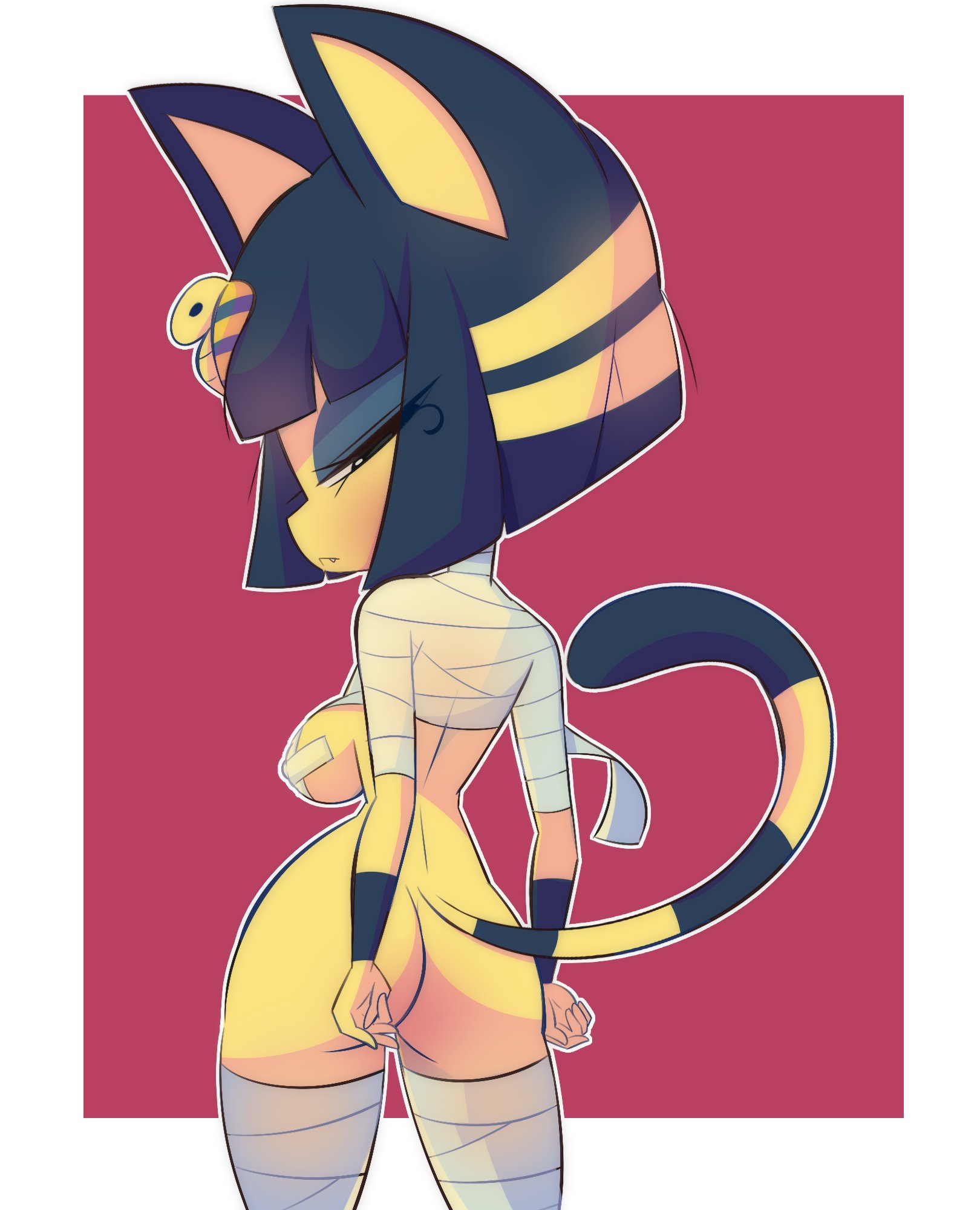 animal crossing, ankha, ass, back view, bottomless, breasts, felid, feline, felis, female, fur, furry, furry only, hi res, looking back, nintendo, oopsynsfw, solo, tail