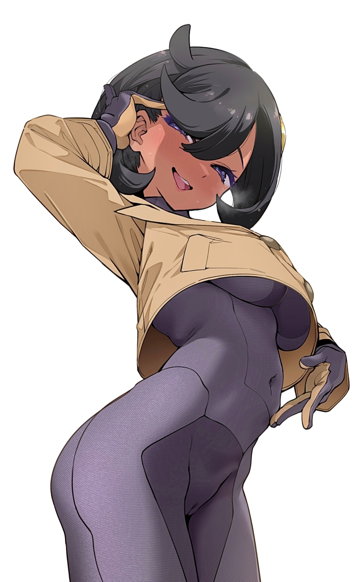 1girls, beige coat, beige jacket, bodysuit, camel toe, cameltoe, coat, dark skin, emma (pokemon legends: z-a), emma (pokemon), female, female only, grey bodysuit, human, human only, jacket, jpeg, matiere (pokemon legends: z-a), matiere (pokemon), pokemon, pokemon legends: z-a, pokemon za, purple eyes, red faced, short hair, solo