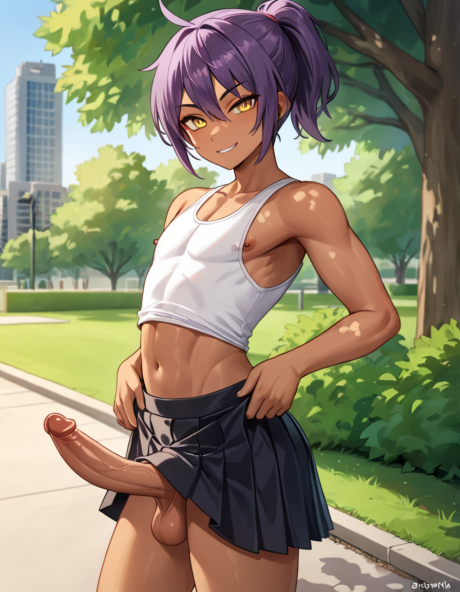 ai_generated big_penis bleach dark-skinned_male dark_skin femboy femboy_only male male_only nipples park penis public purple_hair self_upload short_hair skirt skirt_lift slender_waist sole_male solo solo_focus tank_top tank_top_lift yellow_eyes yushiro_shihouin