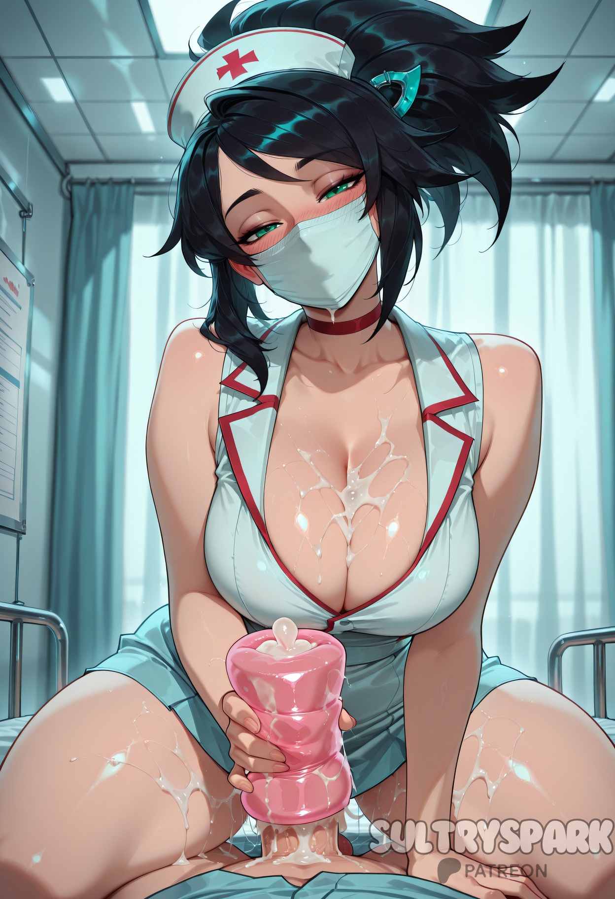 1boy, ai generated, akali, artificial vagina, artist name, black hair, blush, breasts, choker, cleavage, cowgirl position, cum, cum on body, cum on breasts, dress, female, futarush, green eyes, handjob, hat, indoors, large breasts, league of legends, looking at viewer, mask, mouth mask, nurse, nurse akali, nurse cap, patreon, patreon username, penis, pov, riot games, sex toy, solo focus, straight, sultryspark, surgical mask, thighs, uncensored