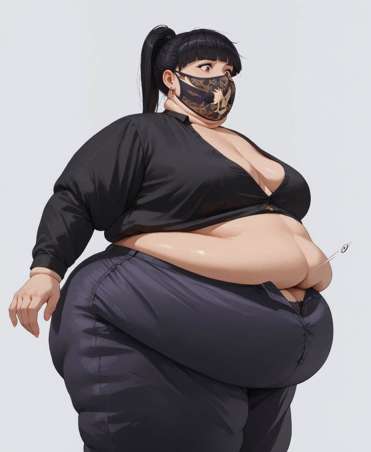 ai_generated azami_(rainbow_six) bbw ben03020 big_belly button_pop mouth_mask obese overweight rainbow_six_siege ssbbw undersized_clothes weight_conscious weight_gain