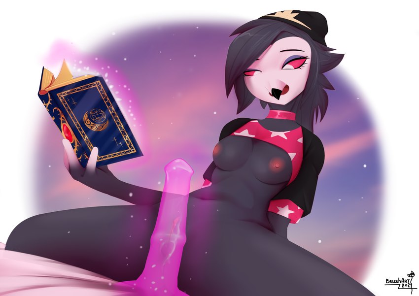 absurd res, anthro, avian, beak, bird, book, boss, bottomless, breasts, brushart, clothed, clothing, demon, dildo, facial hair, female, genitals, helluva boss, hi res, magic, non-mammal breasts, octavia (helluva boss), owl, owl demon, partially clothed, pussy, sex toy, solo