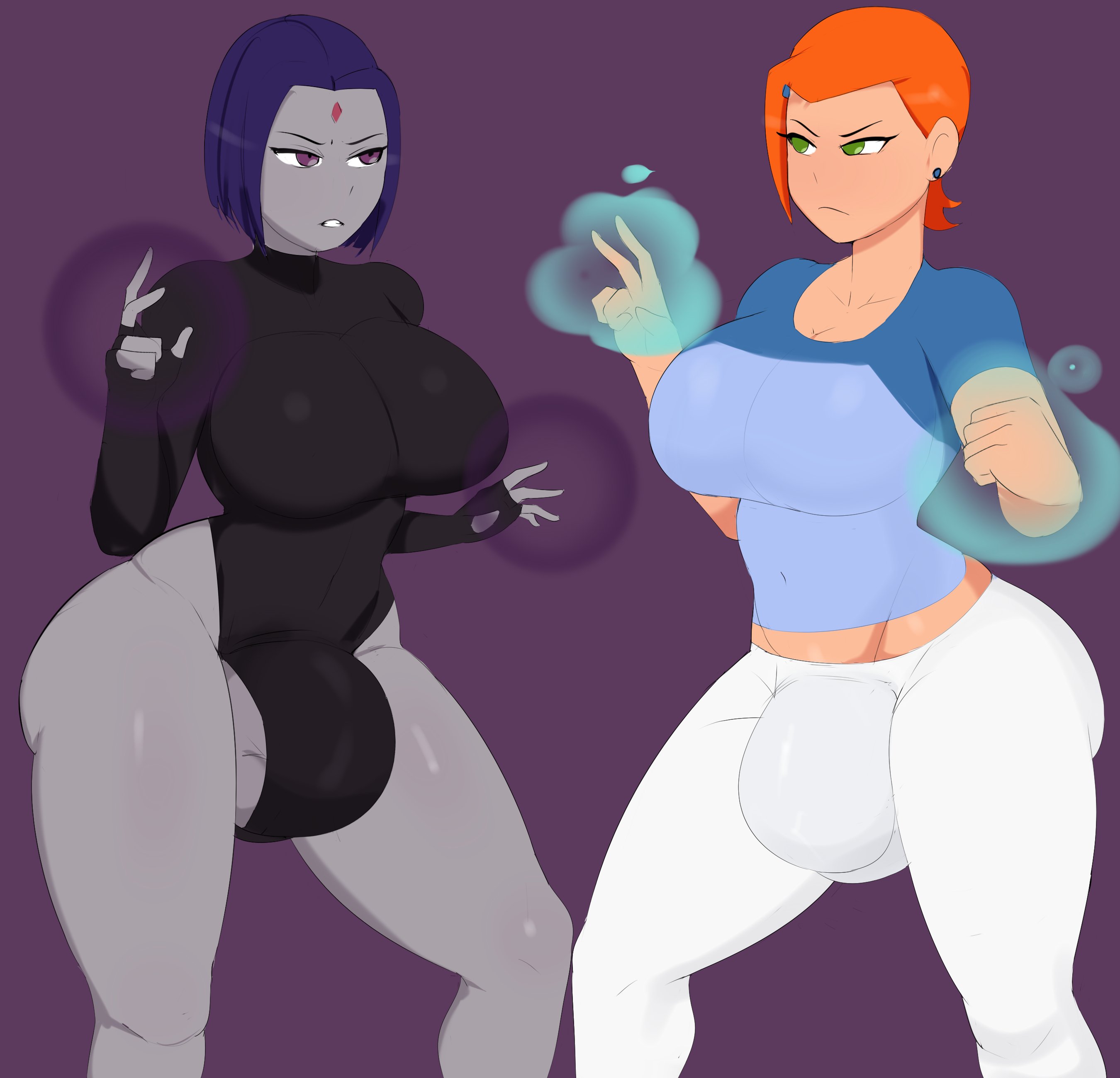 2futas, aged up, ben 10, ben 10 (classic), bob cut, breasts, bulge, bulge through clothing, cartoon network, crossover, dc, dc comics, dickgirl, dickgirl/dickgirl, ear piercing, female, futa only, futanari, g3mma, ginger hair, green eyes, grey skin, gwen tennyson, gwen tennyson (classic), huge breasts, huge bulge, huge cock, huge penis, humanoid penis, hung futa, intersex, leotard, light skin, light-skinned female, looking at another, magic, pale skin, pale-skinned female, penis, purple eyes, purple hair, raven (dc), raven (teen titans), short hair, short sleeves, simple background, smooth skin, standing, teen titans, teen titans (television series), thick thighs