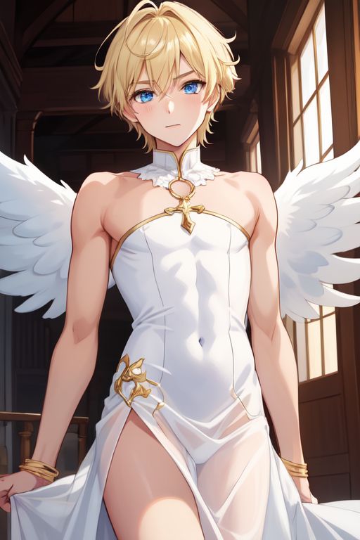 ai_generated angel angel_boy angel_wings blonde_hair blonde_male bulge_through_clothing cute dress femboy femboysub male sheer_clothing sheer_dress small smooth soft twink white_dress