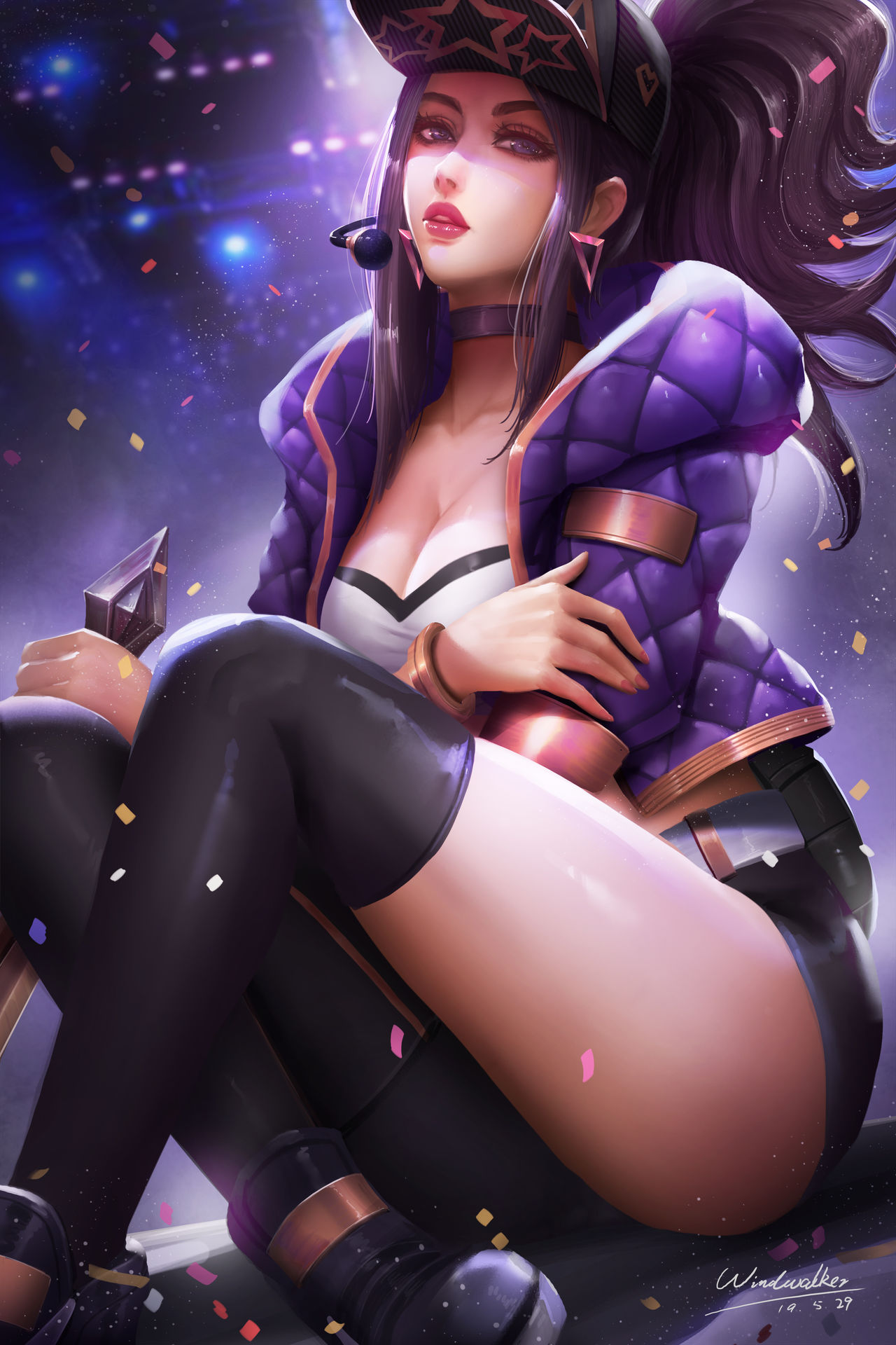 akali, bangles, cap, earrings, female, k/da akali, k/da series, league of legends, looking at viewer, microphone, neckline, pink lipstick, purple eyes, sitting, strapless, strapless top, strapless topwear, tubetop, windwalker