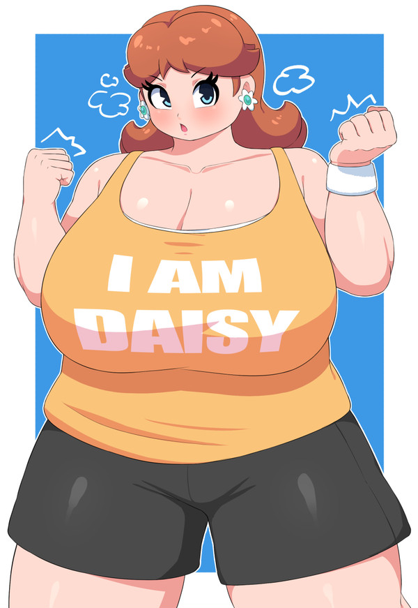 alternate_breast_size bbw black_shorts blush braffy brown_hair clenched_fists determined exhausted fat female female_only flower_earrings huge_breasts looking_at_viewer mario_(series) nintendo overweight pac-man_eyes princess_daisy slightly_chubby sports_bra voluptuous yellow_shirt