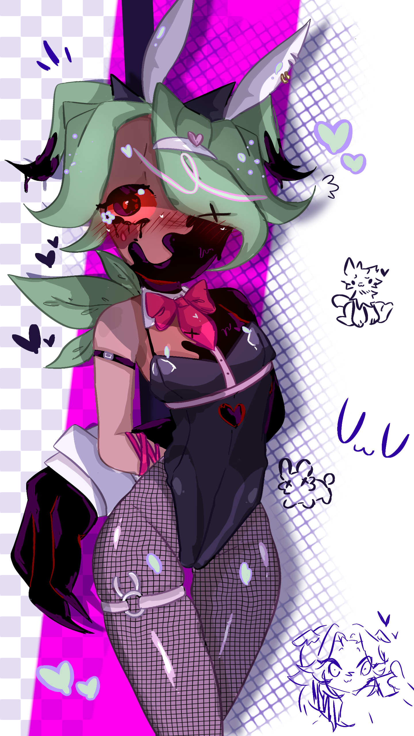 dandy's world, green hair, heart, nugopac, red eyes, sprout (dandy's world), twisted sprout (dandy's world)