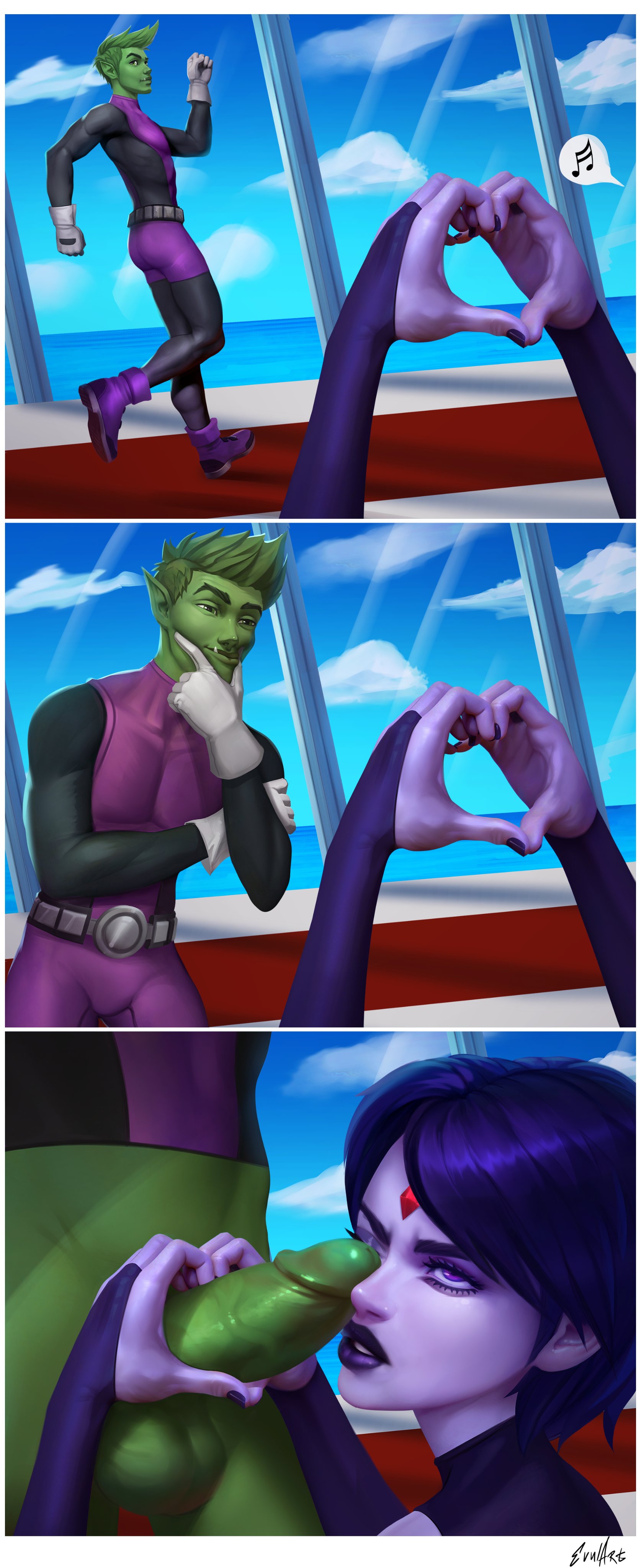 1boy1girl, annoyed, annoyed expression, balls, ballsack, beast boy, big penis, comic, comic page, comic panel, comic strip, dc, dc comics, dick, evulart, femsub, huge cock, imminent fellatio, imminent oral, imminent sex, instant loss, instant loss 2koma, large penis, maledom, penis, penis on face, penis out, rachel roth, raven (dc), teen titans, testicles, thick penis, veiny penis