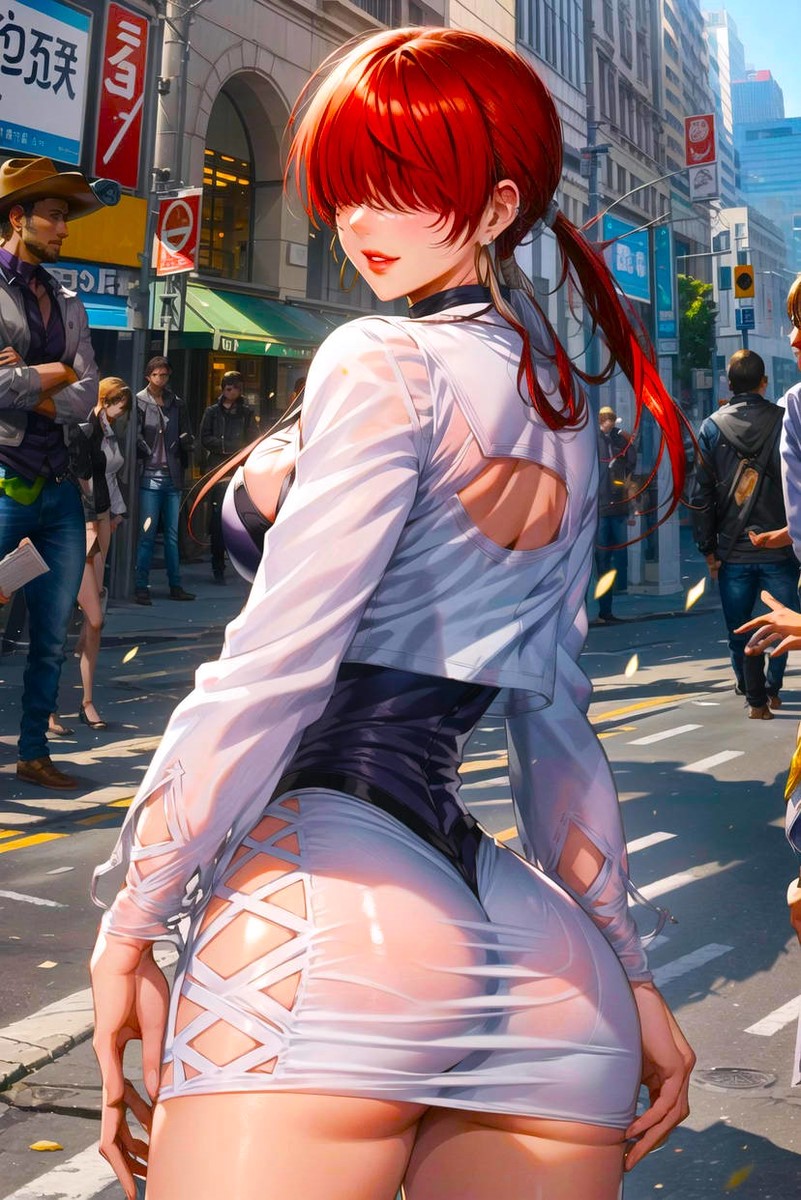 ai_generated ass ass_visible_through_clothes babe beautiful beautiful_females buildings busty_female cars city curvy day fashion fashion_model female female_fox fighting_game hair_covering_eyes king_of_fighters large_breasts lipstick looking_back_at_viewer model people_in_background ponytail provocative red_hair red_lipstick red_ponytail shermie_(kof) side_boob skirt smile snk snk_heroines:_tag_team_frenzy stable_diffusion street thick_thighs video_game_franchise video_games villainess