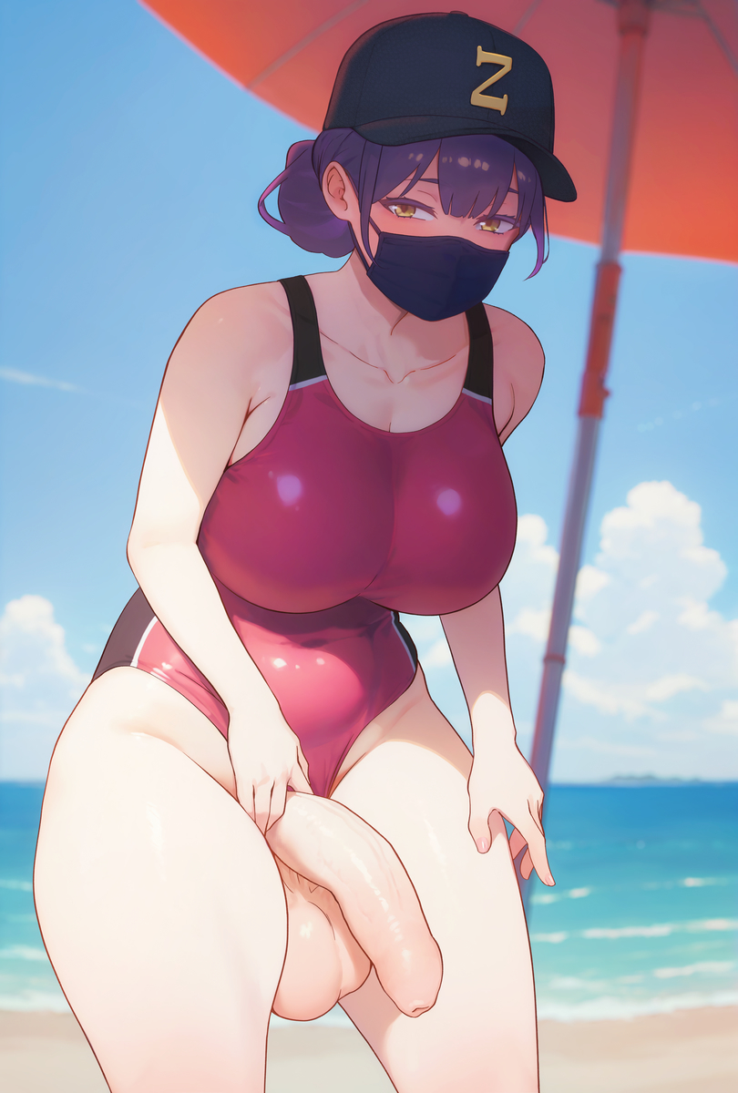 1futa beach beach_umbrella big_penis black_hat blush breasts clothed clothing clothing_aside cowboy_shot flaccid foreskin futa_only futanari hat highres huge_cock huge_testicles human large_breasts light-skinned_futanari light_skin mostly_clothed one-piece_swimsuit original penis public_indecency purple_hair red_one-piece_swimsuit smooth_balls smooth_penis solo standing swimsuit swimsuit_aside testicles umbrella uncensored uncut unretracted_foreskin yellow_eyes zoryc