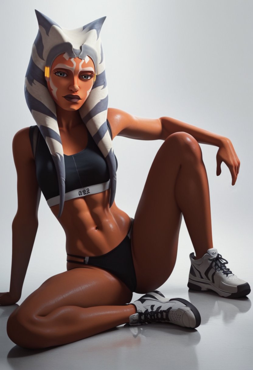 ahsoka_tano ai_generated alien alien_girl bra clone_wars duchess_eugene facial_mark facial_markings legs_apart orange_body orange_skin panties simple_background sitting sneakers sport sports sports_bikini sports_bra sports_panties sports_shorts sports_uniform sportswear star_wars sweat sweating tagme togruta