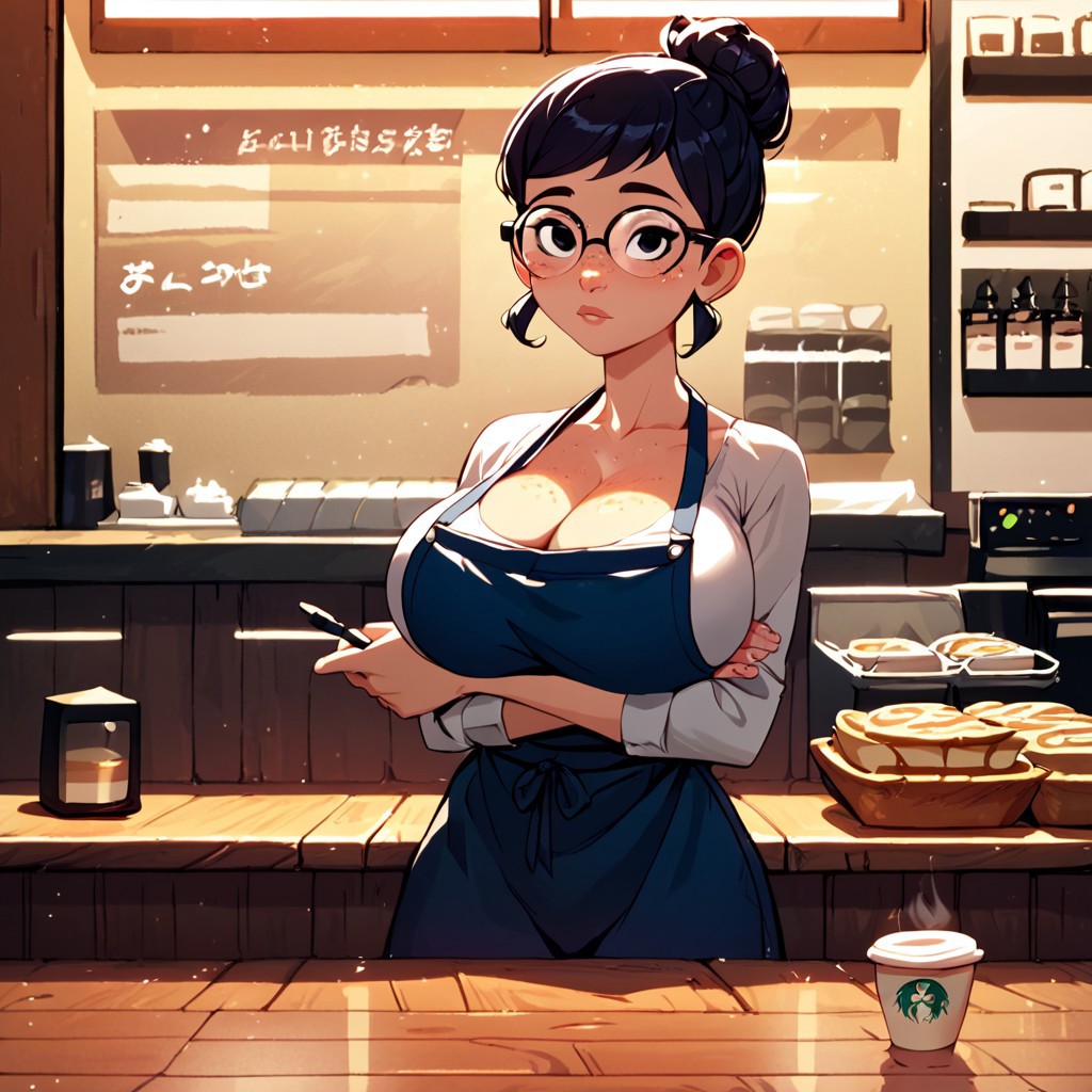 1girls ai_generated apron barista big_breasts breasts breasts cafe carmen_sandiego_(2019) carmen_sandiego_(franchise) coffee coffee_cup coffee_shop cup female female female_focus female_only glasses julia_argent julia_argent_(carmen_sandiego) large_breasts short_hair solo solo_female solo_focus standing zupern0va_(manipper)