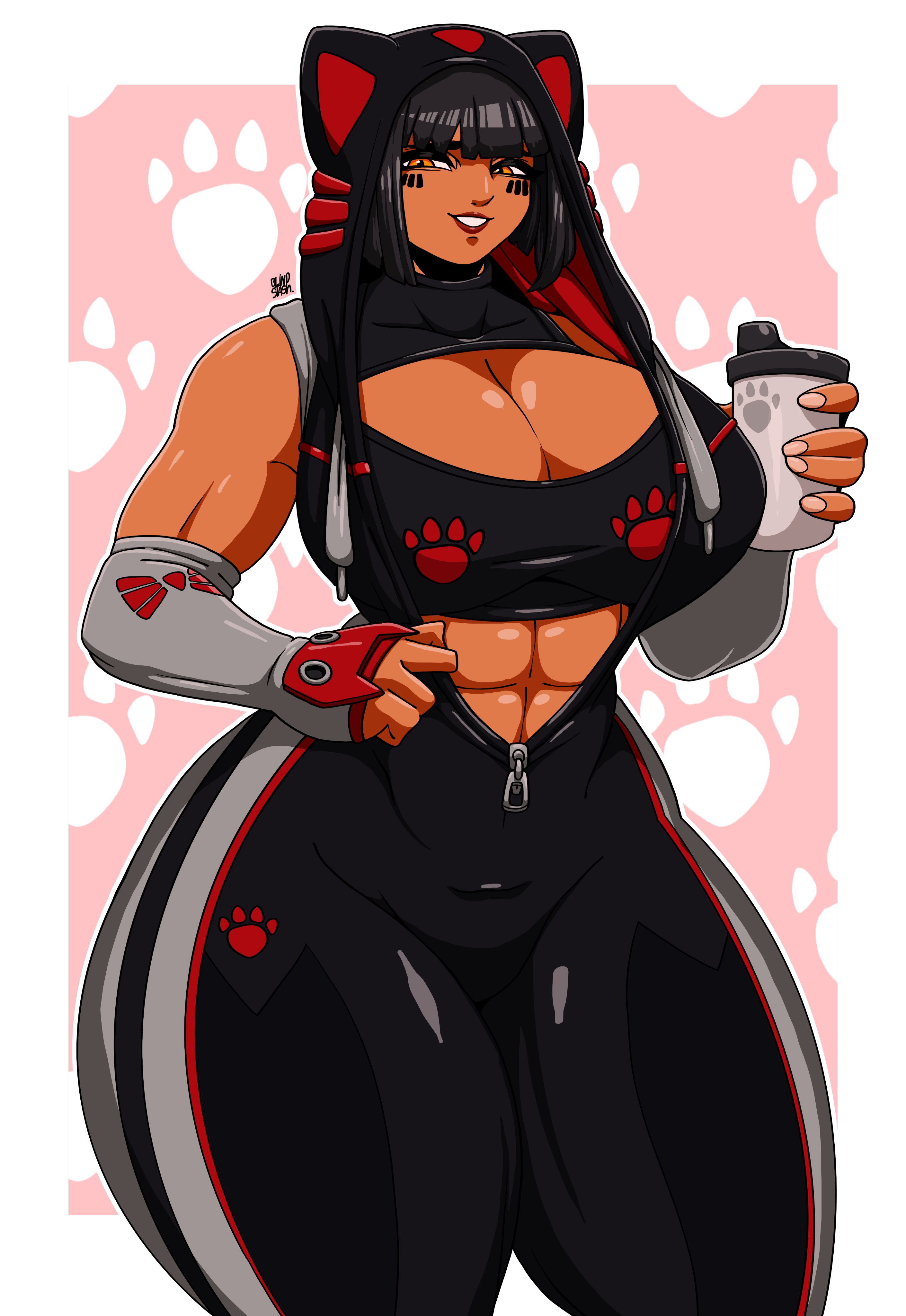 abs, agata (fortnite), ass, athletic, athletic female, big ass, big breasts, blindstash, bodysuit, breasts, cat ears, cat hood, child bearing hips, female, fortnite, huge ass, huge breasts, mommy, muscle mommy, muscles, muscular, muscular female, smile, smug, sports bra, strong female, tan-skinned female, thick thighs, unzipped, unzipped bodysuit, wide hips