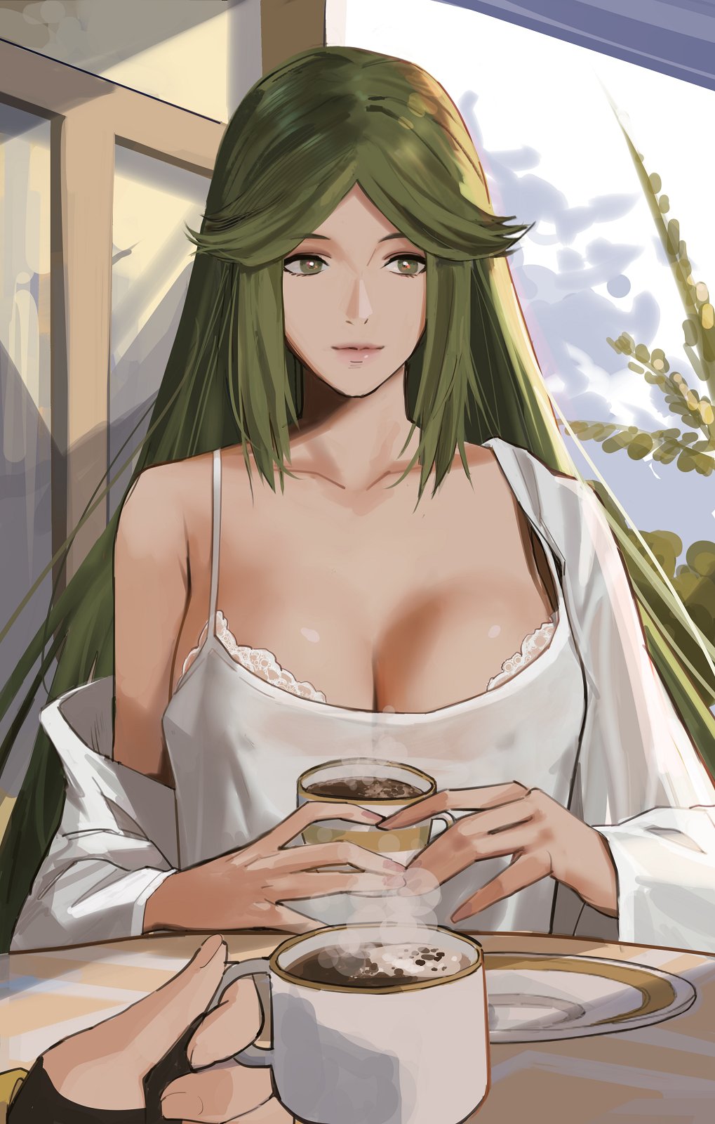 big breasts, bra, bra peek, breasts, casual, cleavage, collarbone, commentary, female, green eyes, green hair, highres, j@ck, jewelry, kid icarus, kid icarus uprising, lace trim, lace-trimmed bra, large breasts, long hair, nintendo, palutena, pov, pov hands, smile, solo focus, underwear, very long hair